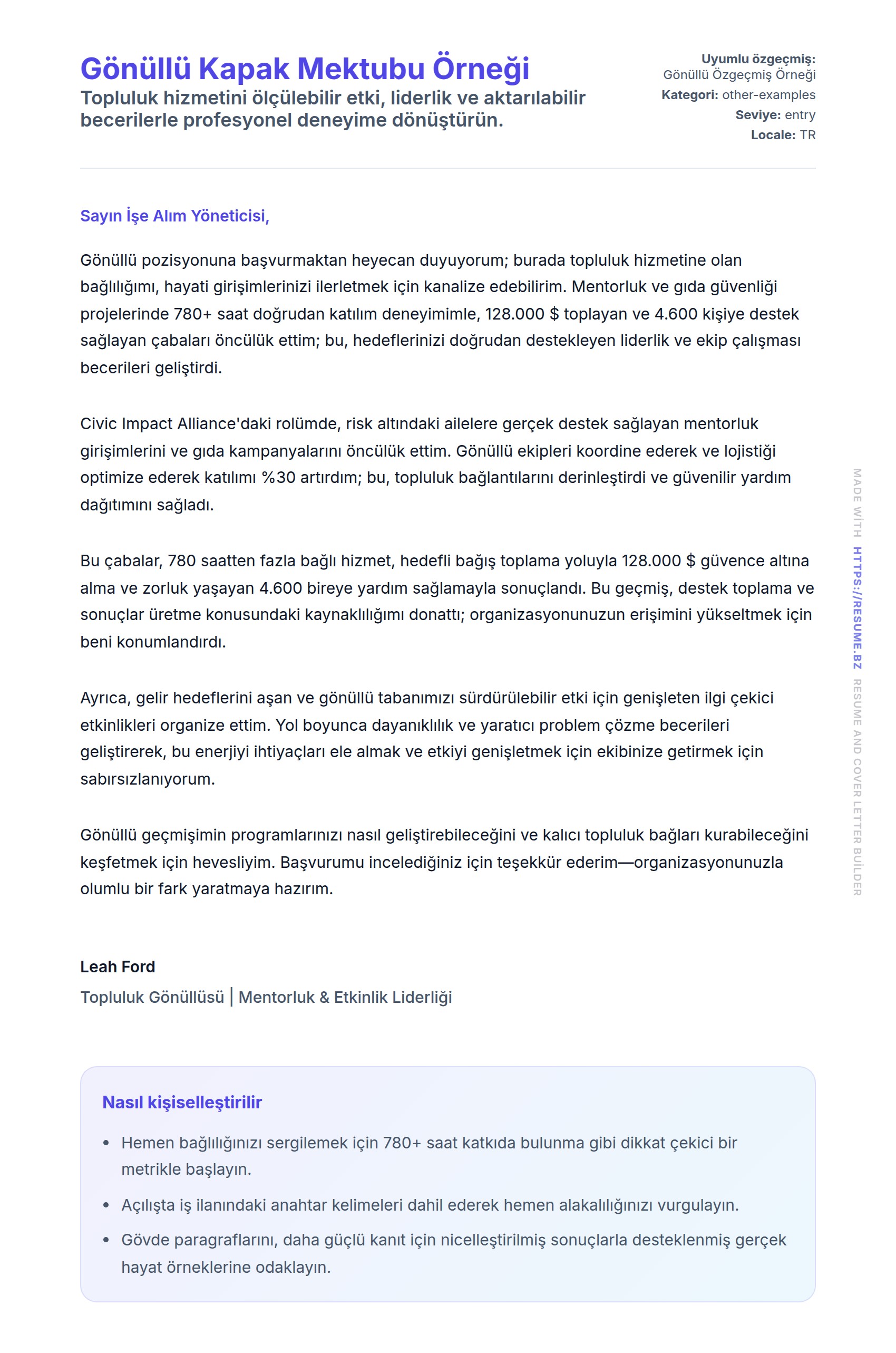 Kapak Mektubu önizlemesi Gönüllü Kapak Mektubu Örneği için