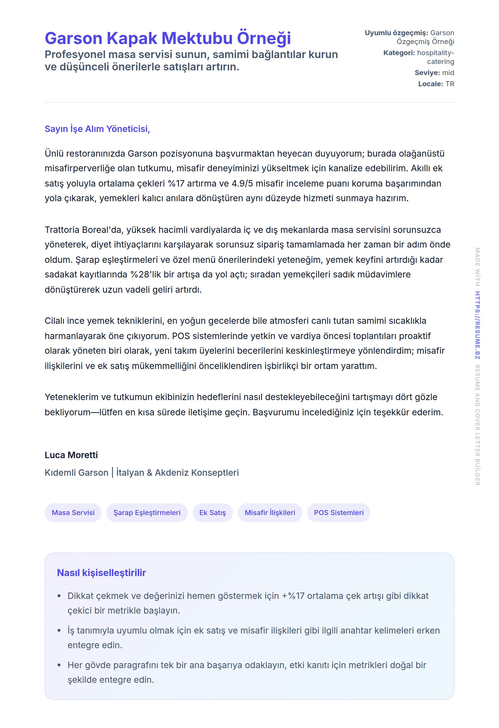 Kapak Mektubu önizlemesi Garson Kapak Mektubu Örneği için