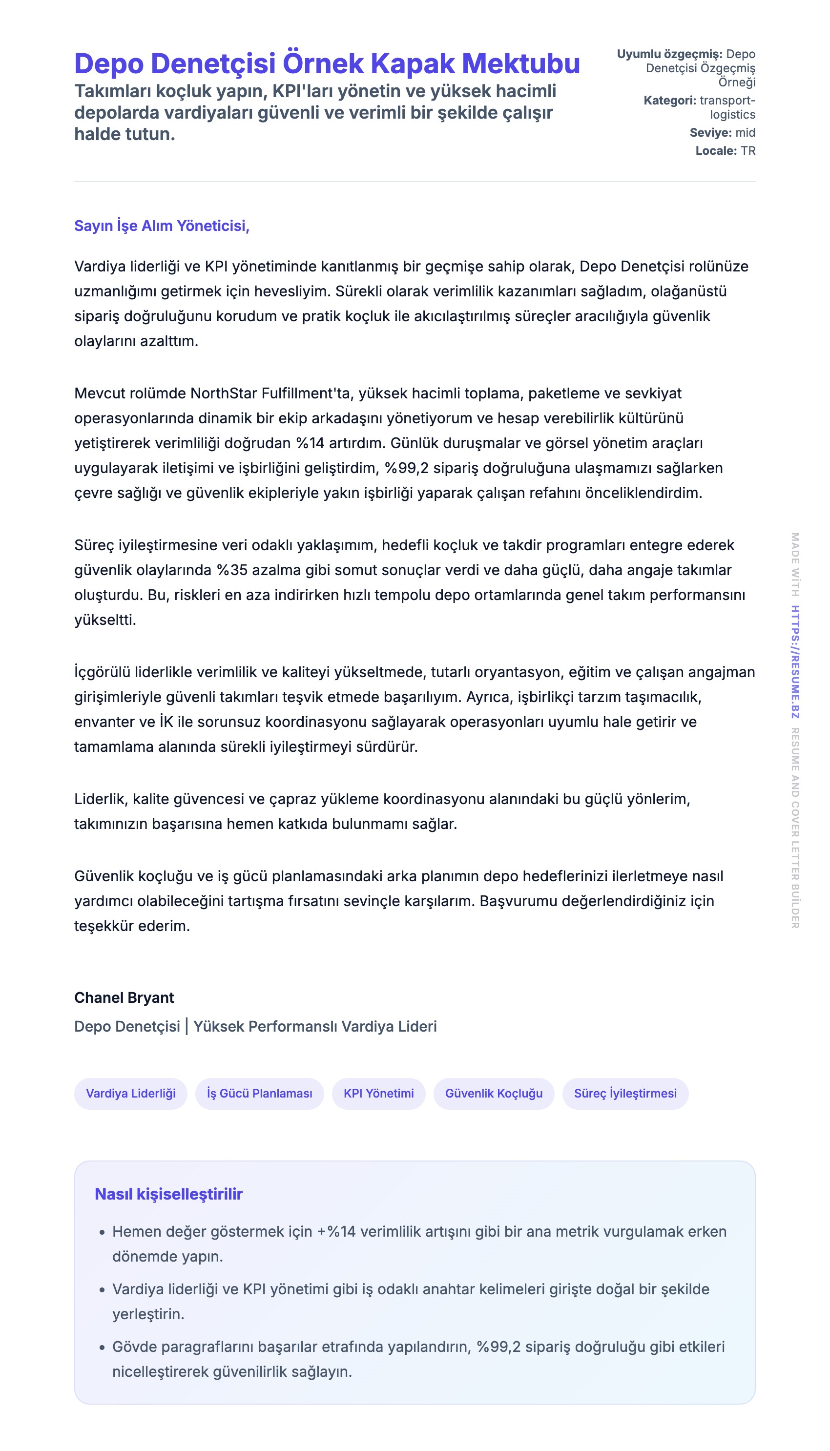 Kapak Mektubu önizlemesi Depo Denetçisi Örnek Kapak Mektubu için