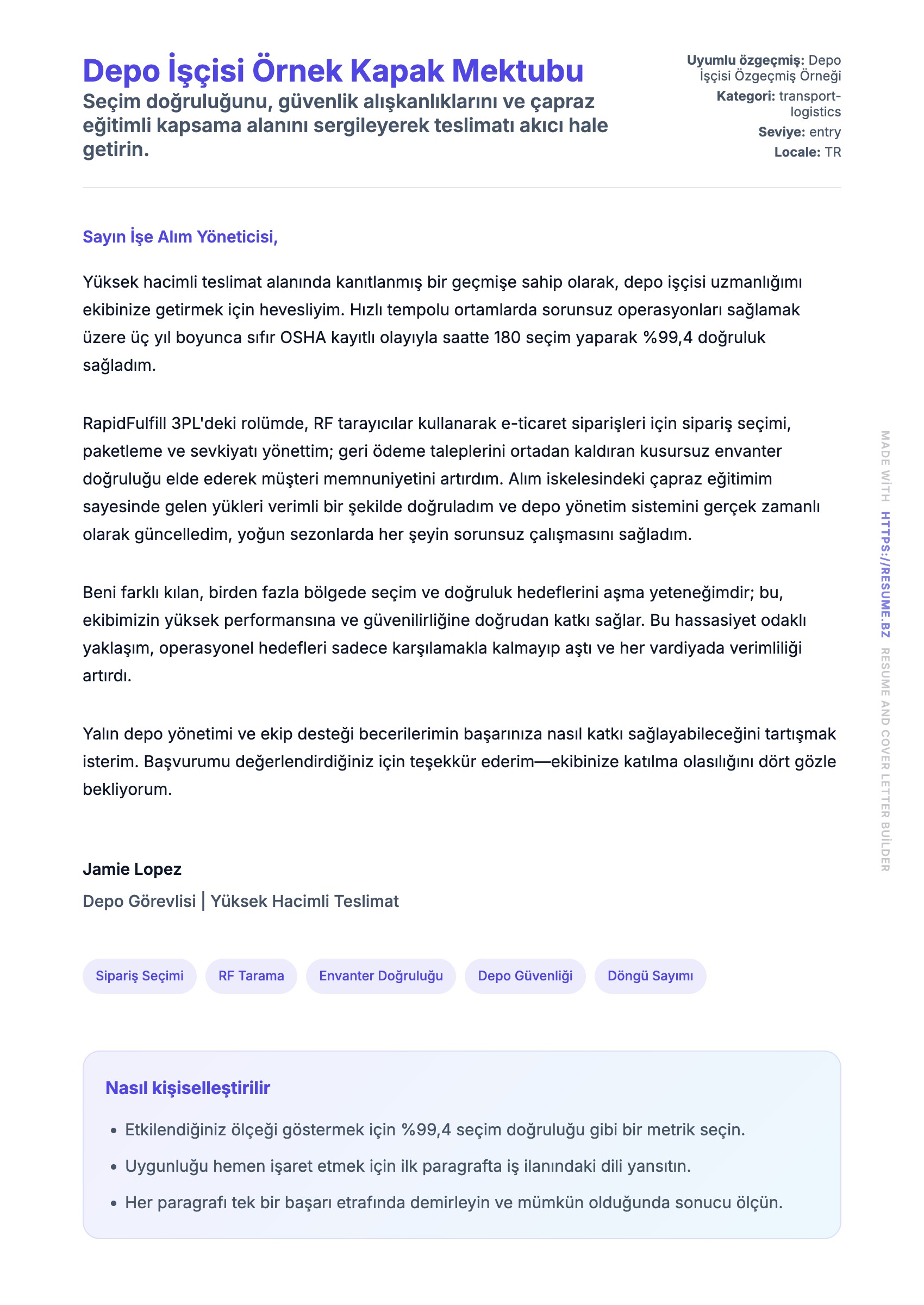 Kapak Mektubu önizlemesi Depo İşçisi Örnek Kapak Mektubu için