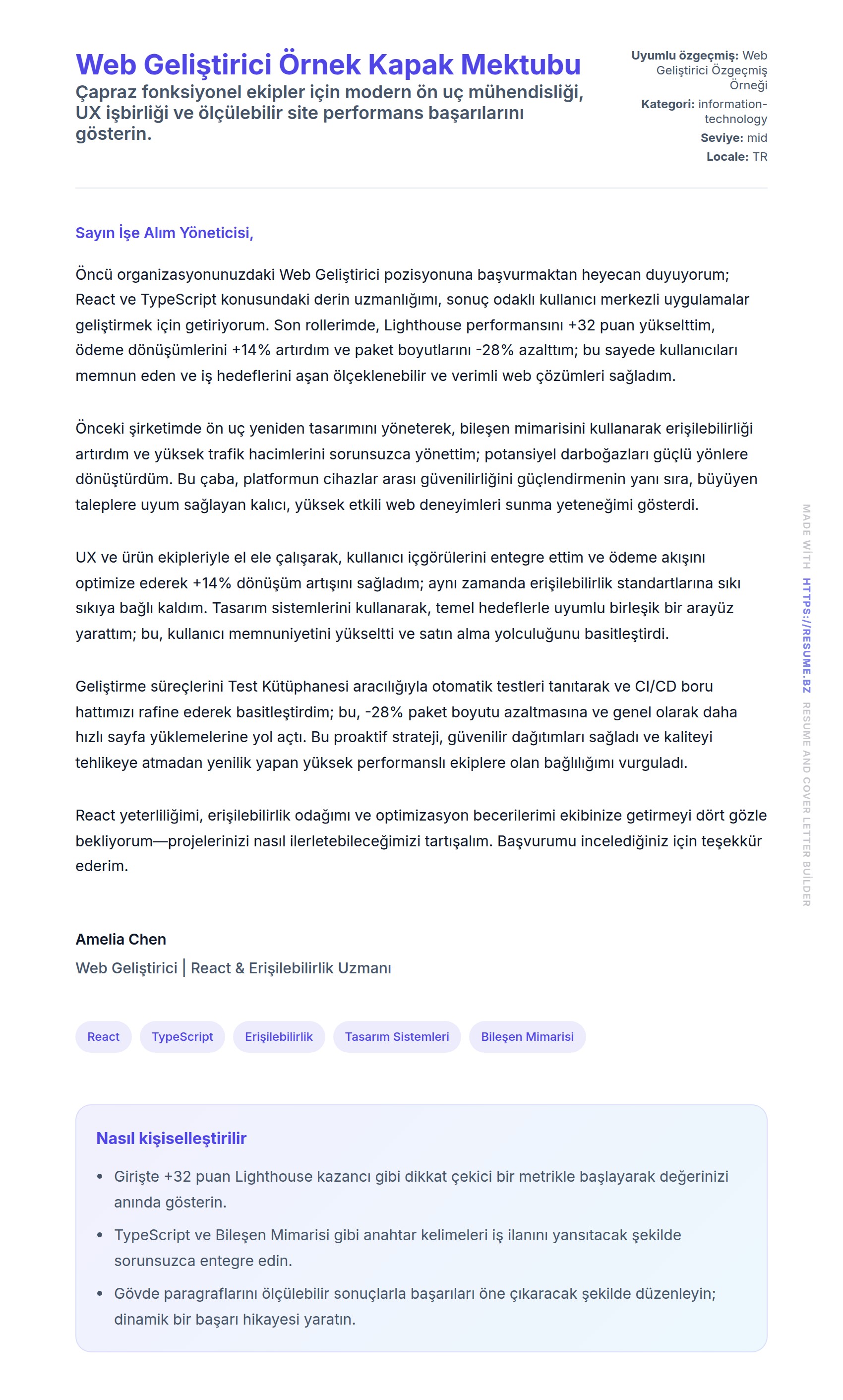 Kapak Mektubu önizlemesi Web Geliştirici Örnek Kapak Mektubu için