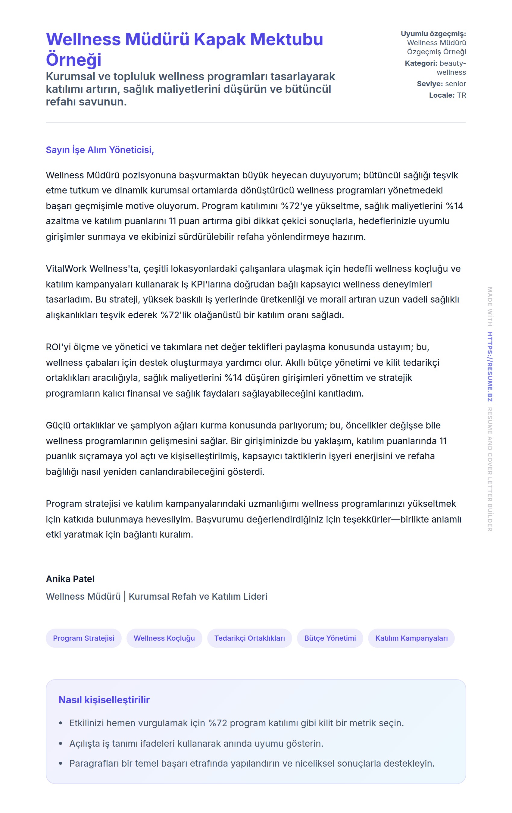 Kapak Mektubu önizlemesi Wellness Müdürü Kapak Mektubu Örneği için