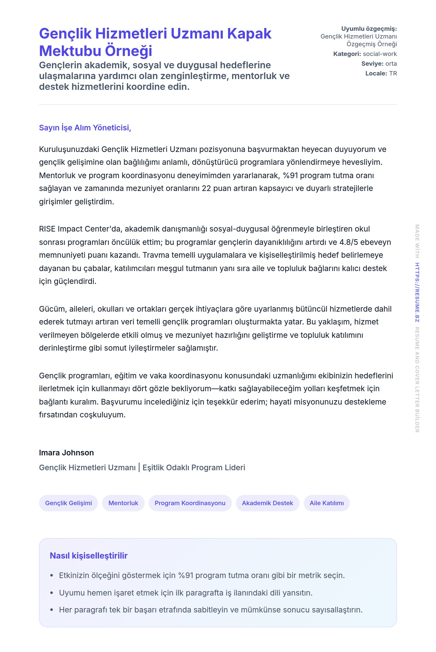 Kapak Mektubu önizlemesi Gençlik Hizmetleri Uzmanı Kapak Mektubu Örneği için