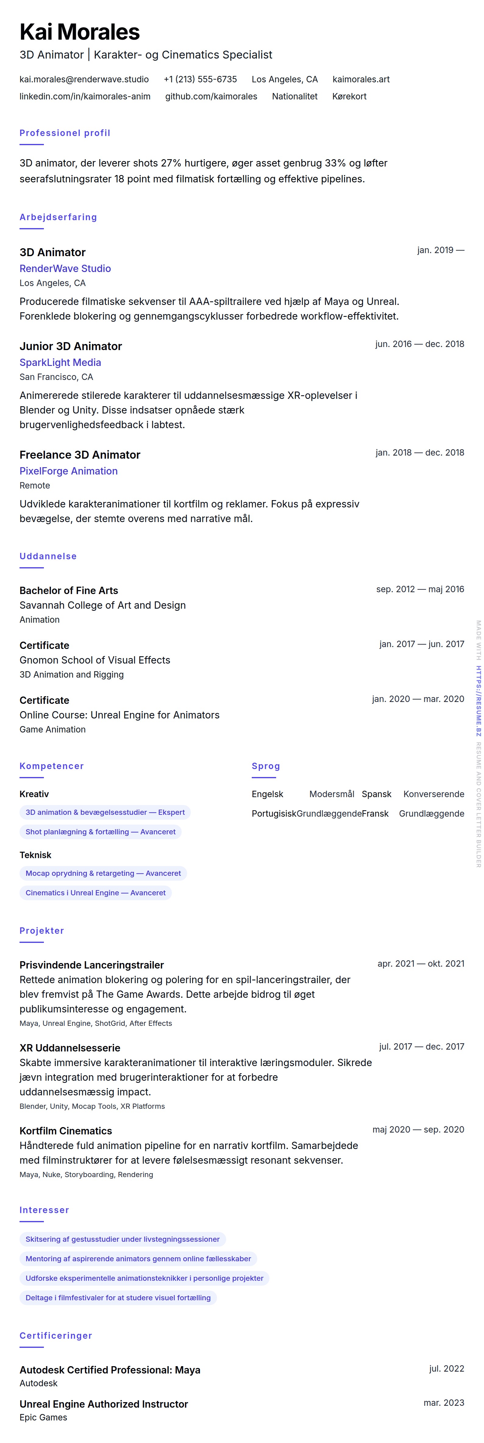CV-forhåndsvisning for 3D Animator CV Eksempel