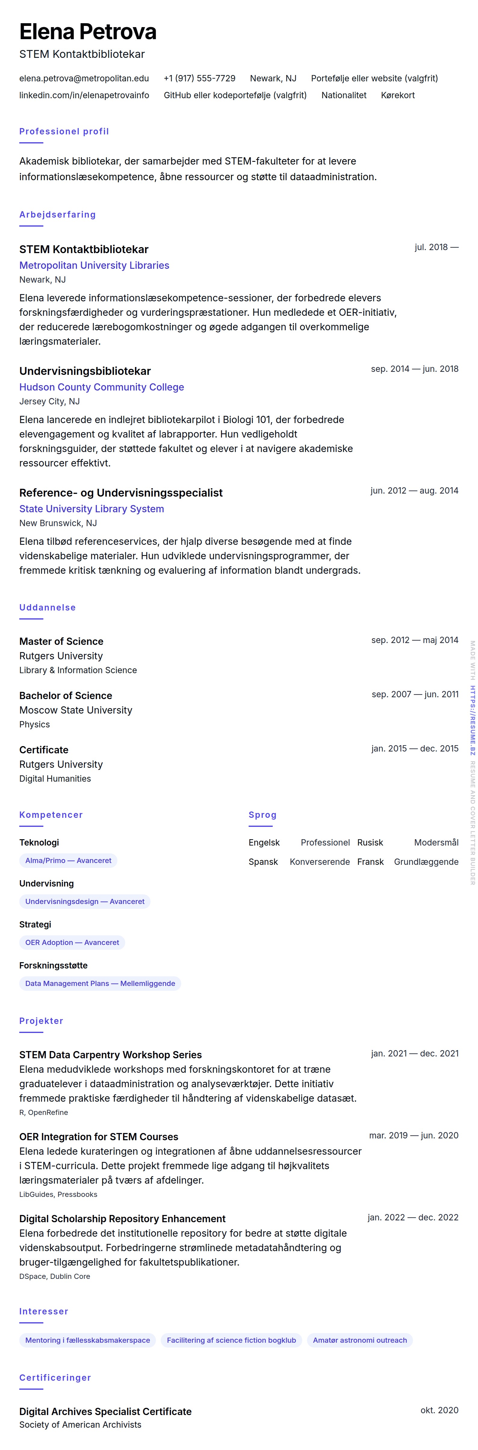 CV-forhåndsvisning for Akademisk Bibliotekar CV Eksempel