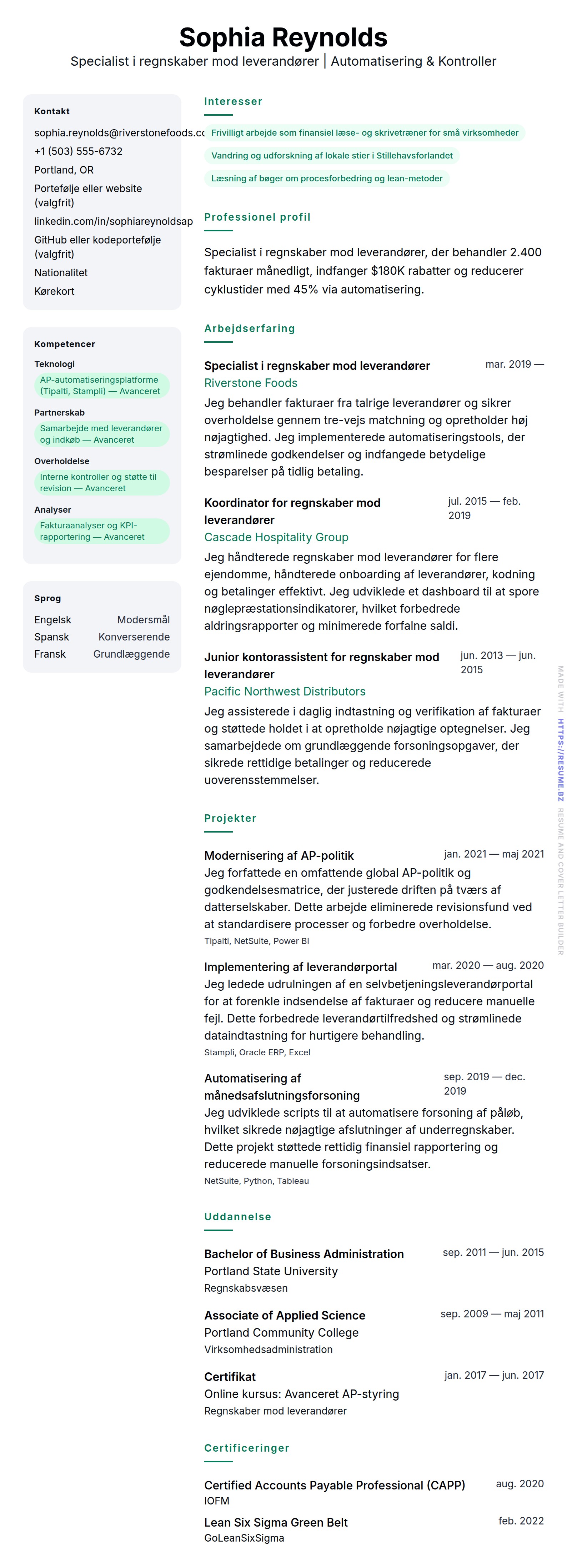 CV-forhåndsvisning for Eksempel på CV for Specialist i regnskaber mod leverandører