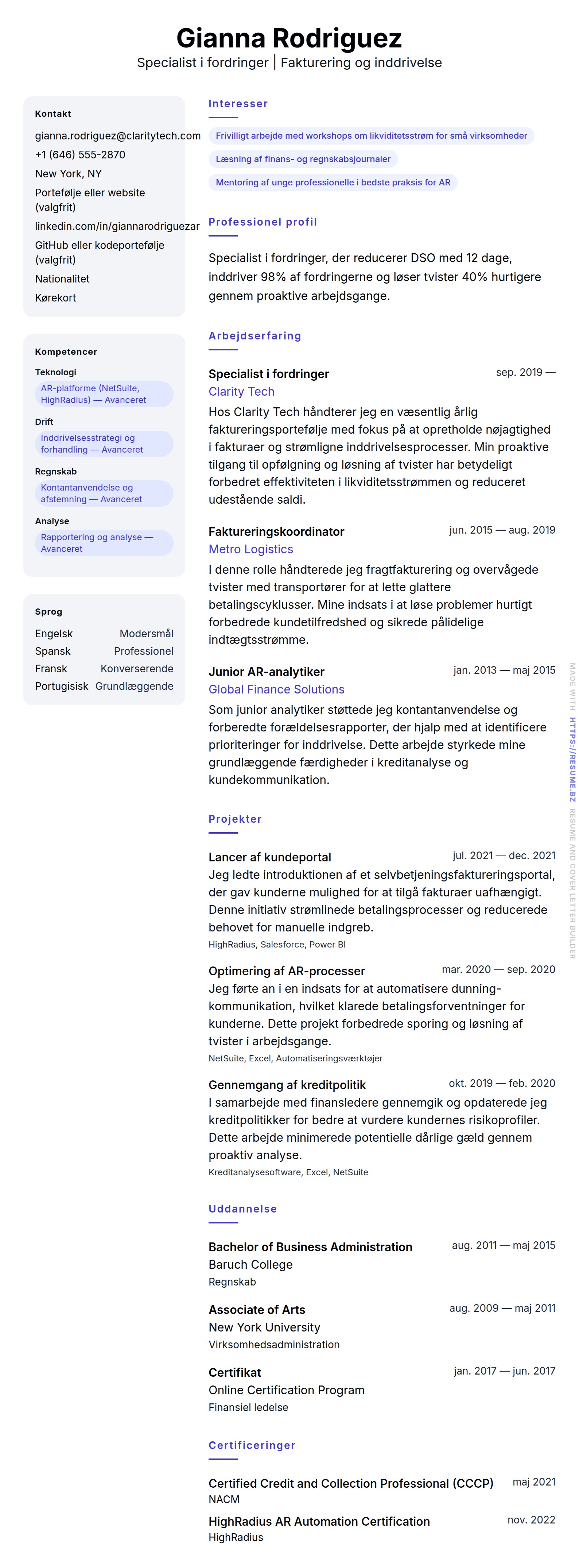 CV-forhåndsvisning for Eksempel på CV for Specialist i fordringer