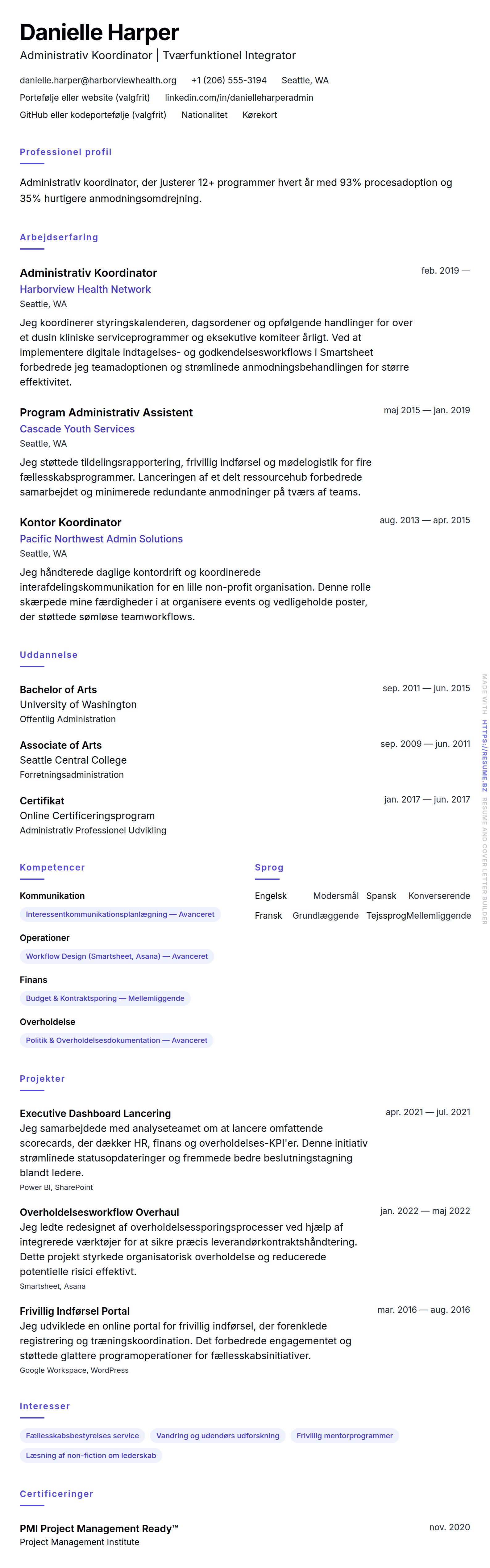 CV-forhåndsvisning for Administrativ Koordinator CV Eksempel