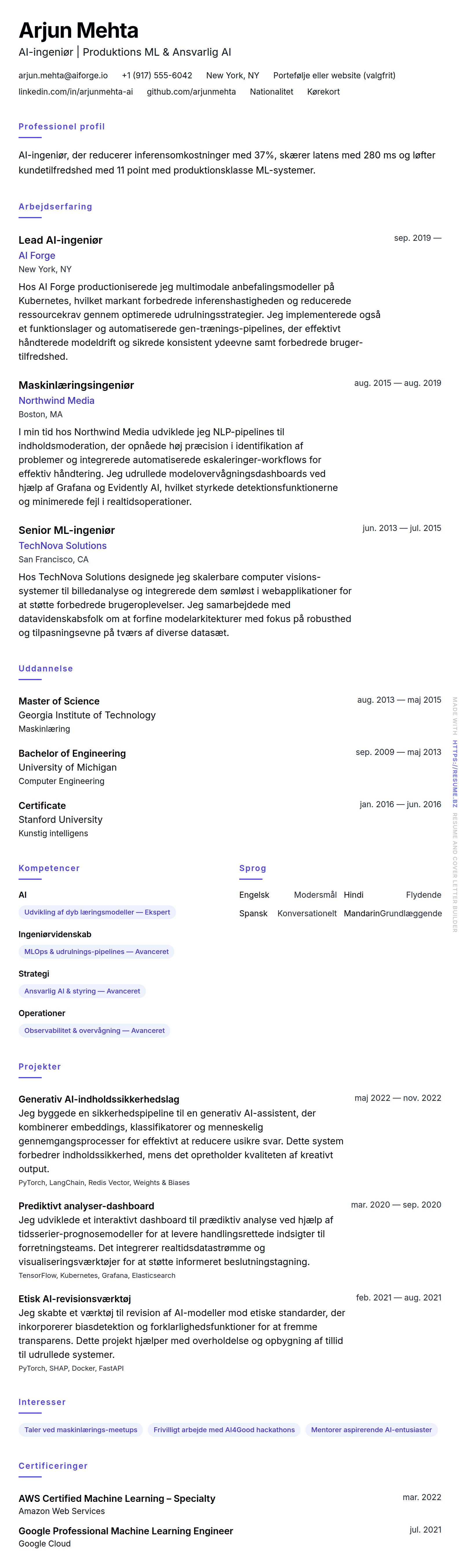 AI-ingeniør CV-eksempel