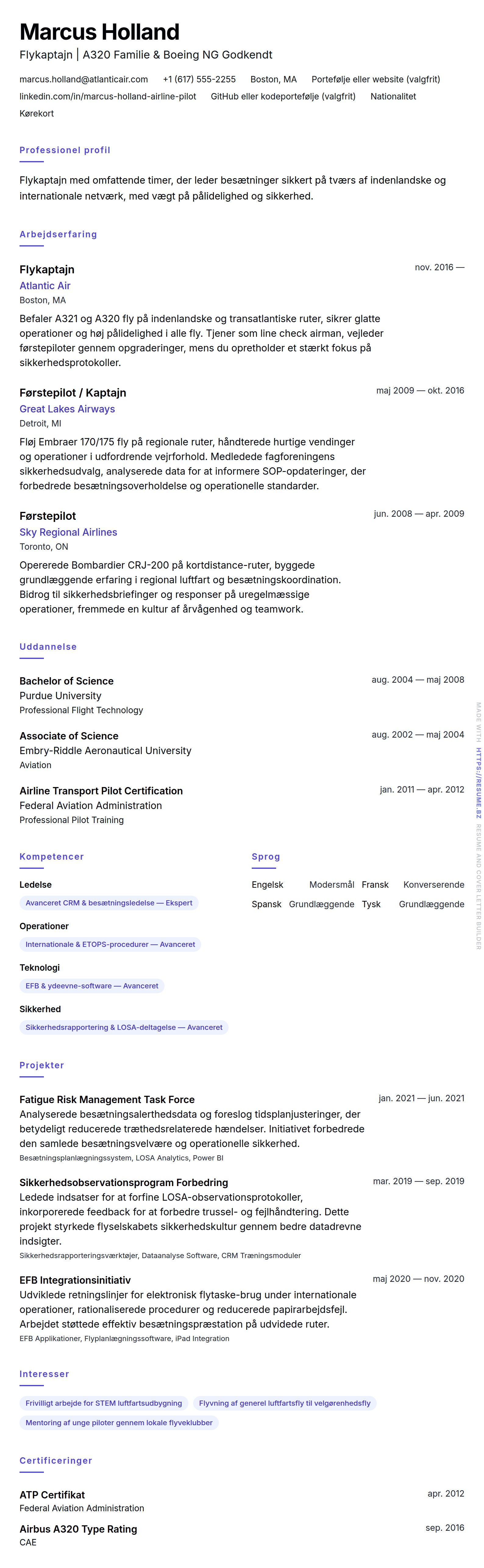 CV-forhåndsvisning for Flypilot CV Eksempel