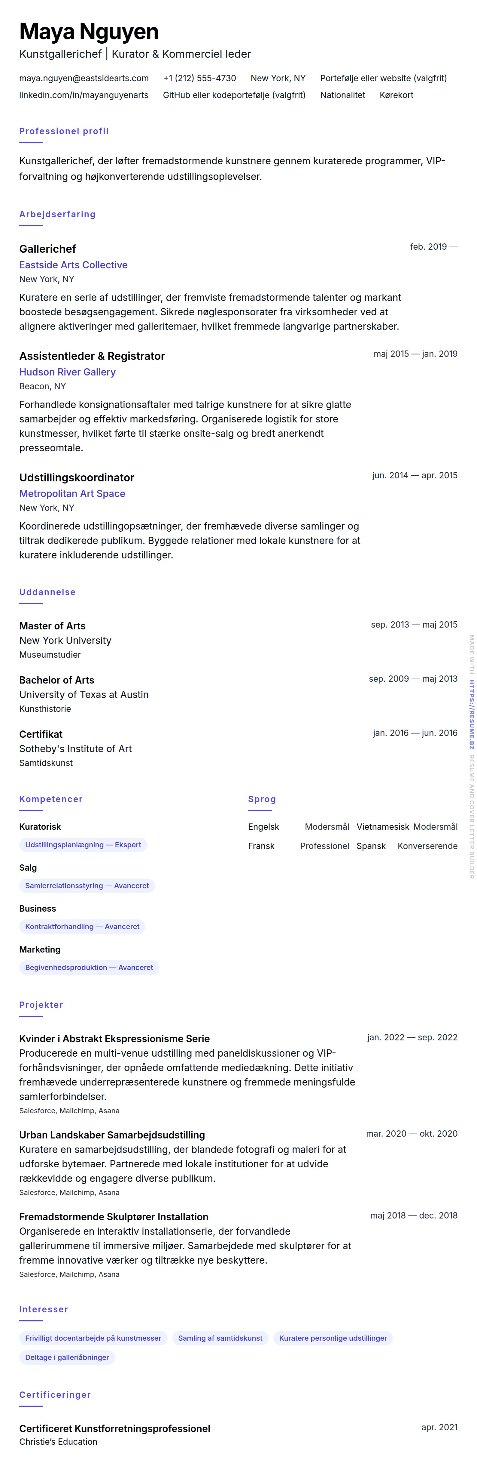 CV-forhåndsvisning for Kunstgallerichef CV-eksempel