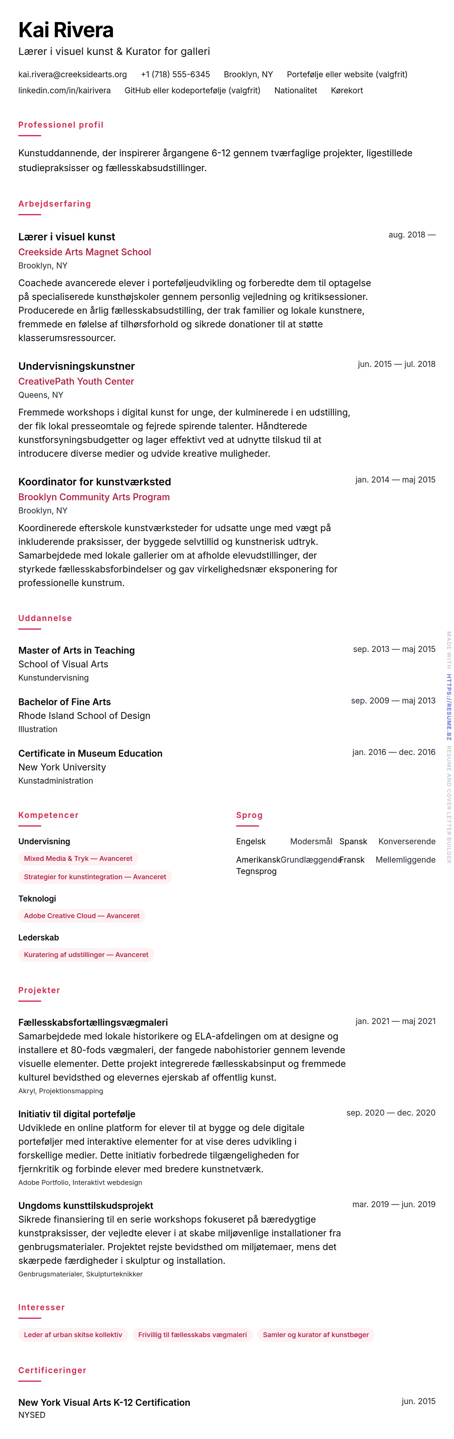 CV-forhåndsvisning for Eksempel på CV for kunstlærer