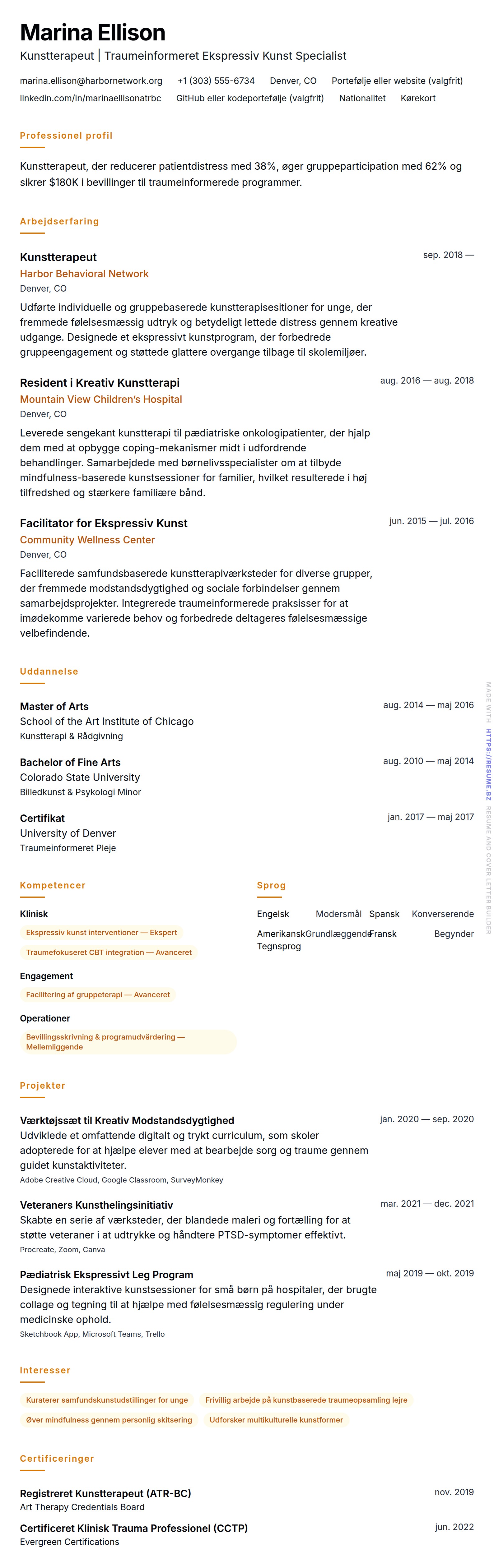 CV-forhåndsvisning for Eksempel på CV for Kunstterapeut