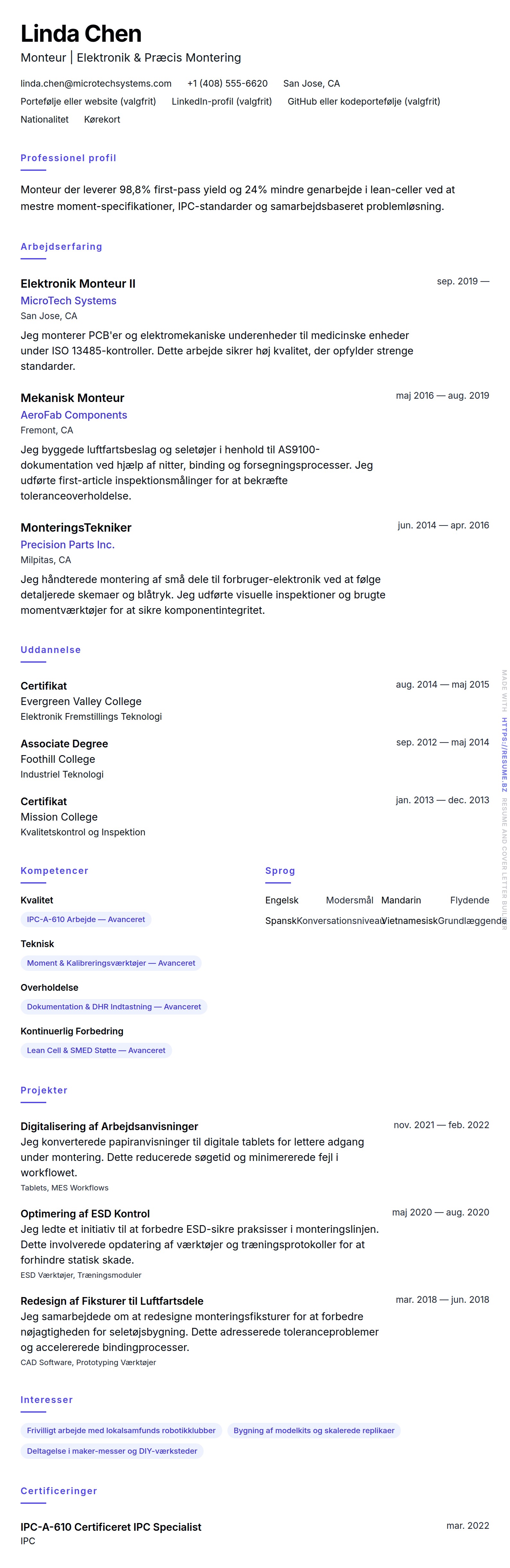 CV-forhåndsvisning for Monteur CV Eksempel