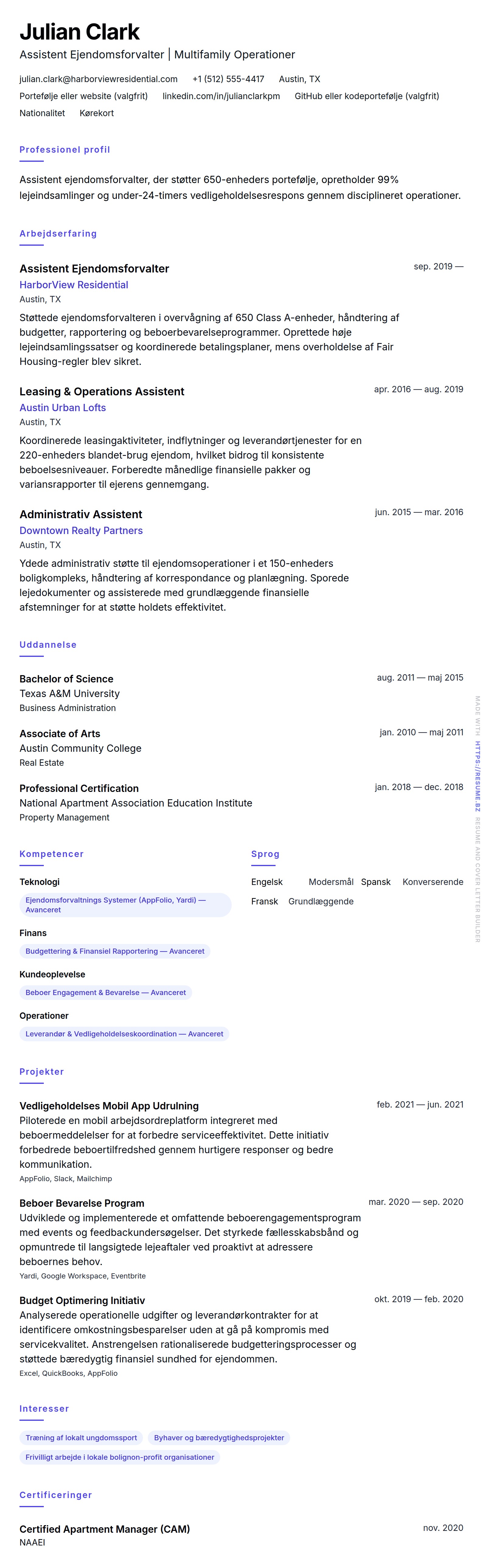Assistent Ejendomsforvalter CV Eksempel