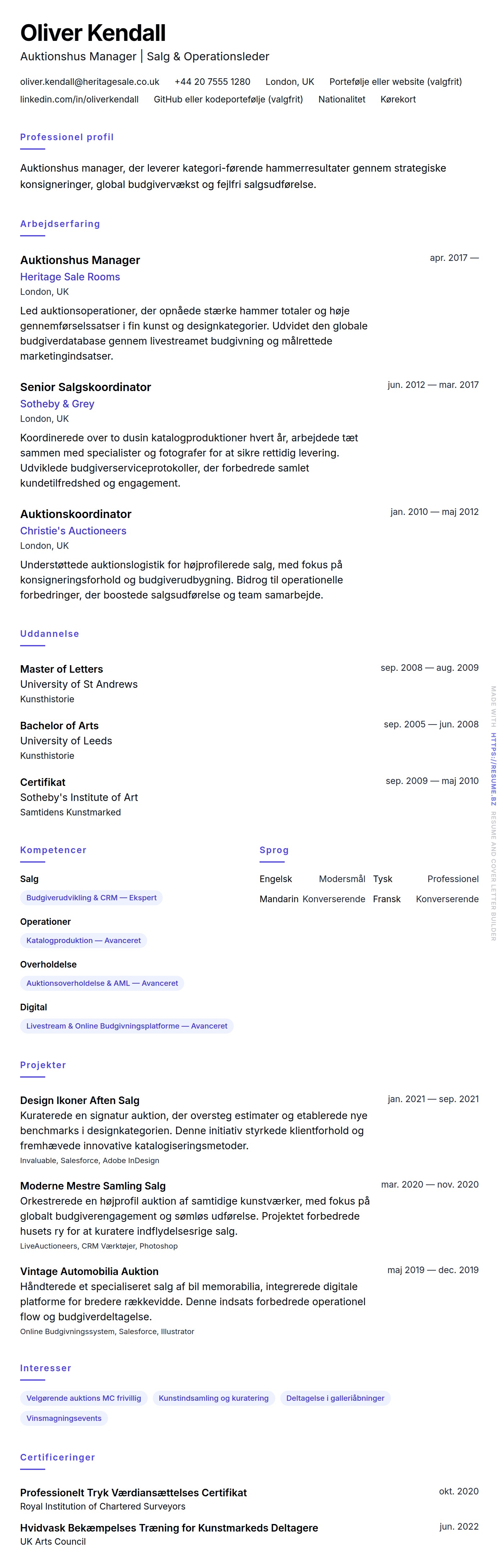 CV-forhåndsvisning for Auktionshus Manager CV Eksempel