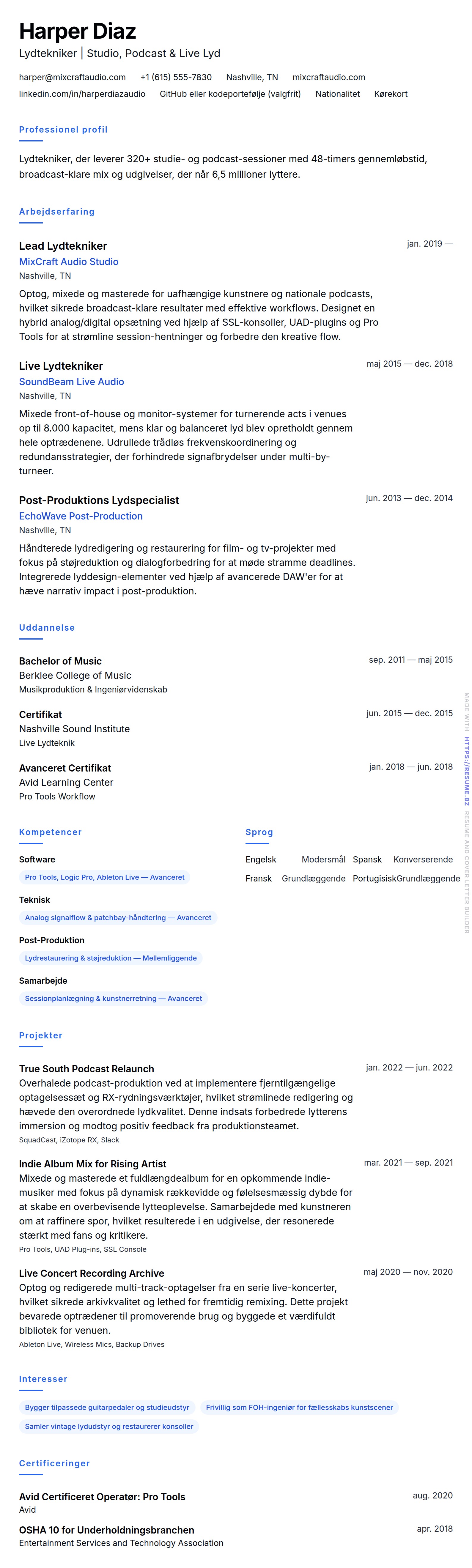 CV-forhåndsvisning for Eksempel på CV for Lydtekniker