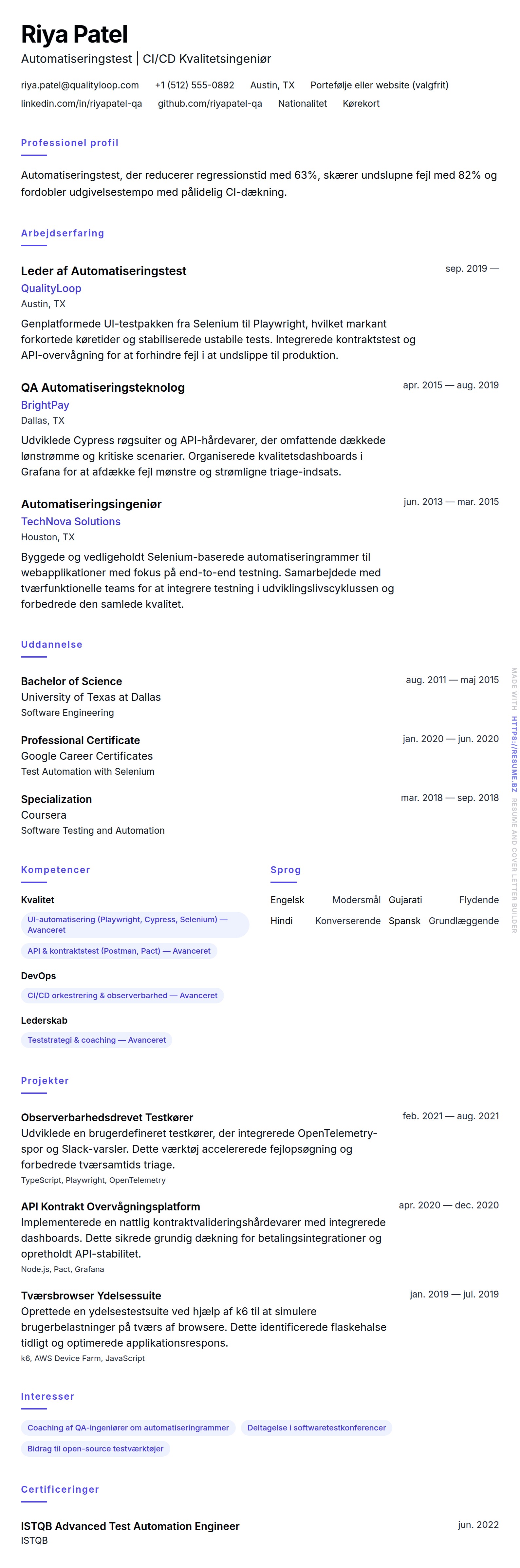 CV-forhåndsvisning for Automatiseringstest CV Eksempel