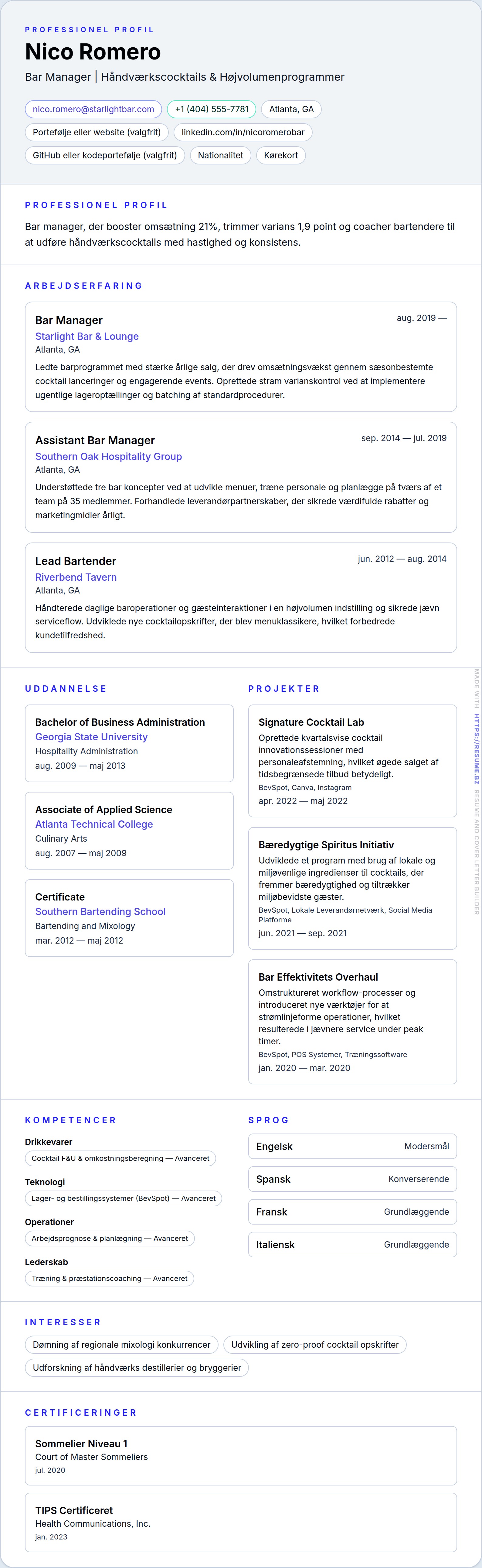 CV-forhåndsvisning for Bar Manager CV Eksempel