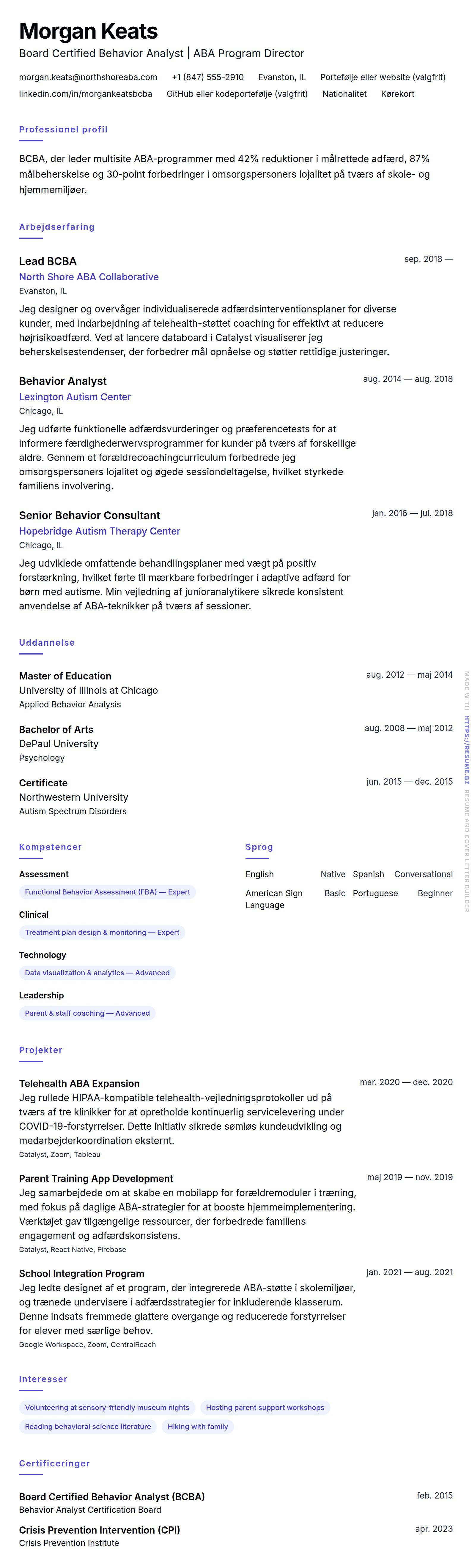 Board Certified Behavior Analyst (BCBA) CV Eksempel