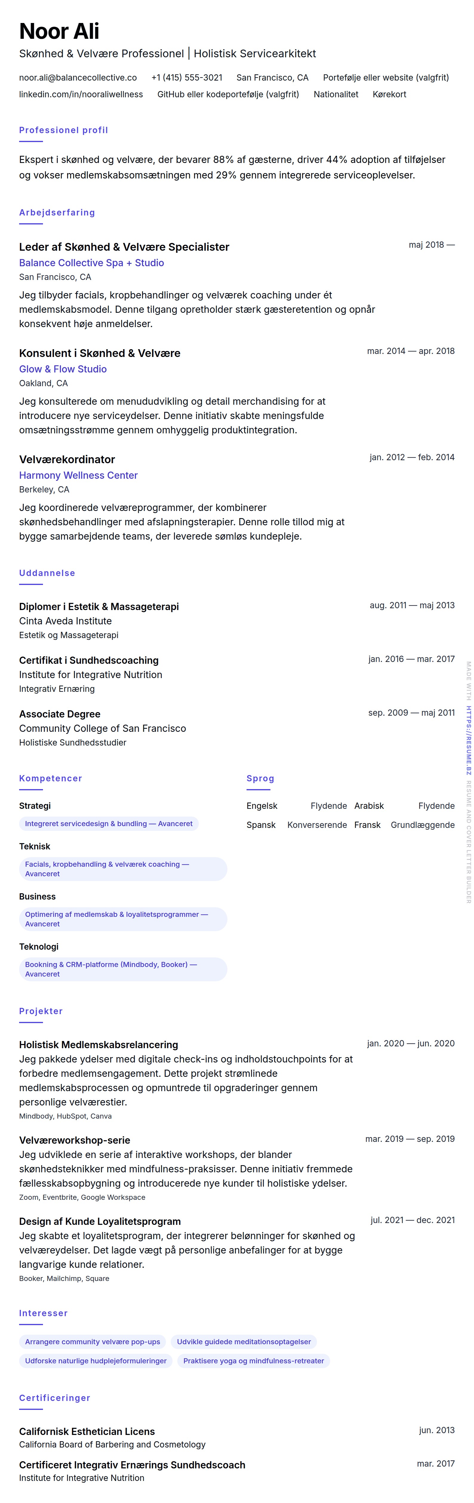 CV-forhåndsvisning for Eksempel på CV for Skønhed og Velvære Professionel
