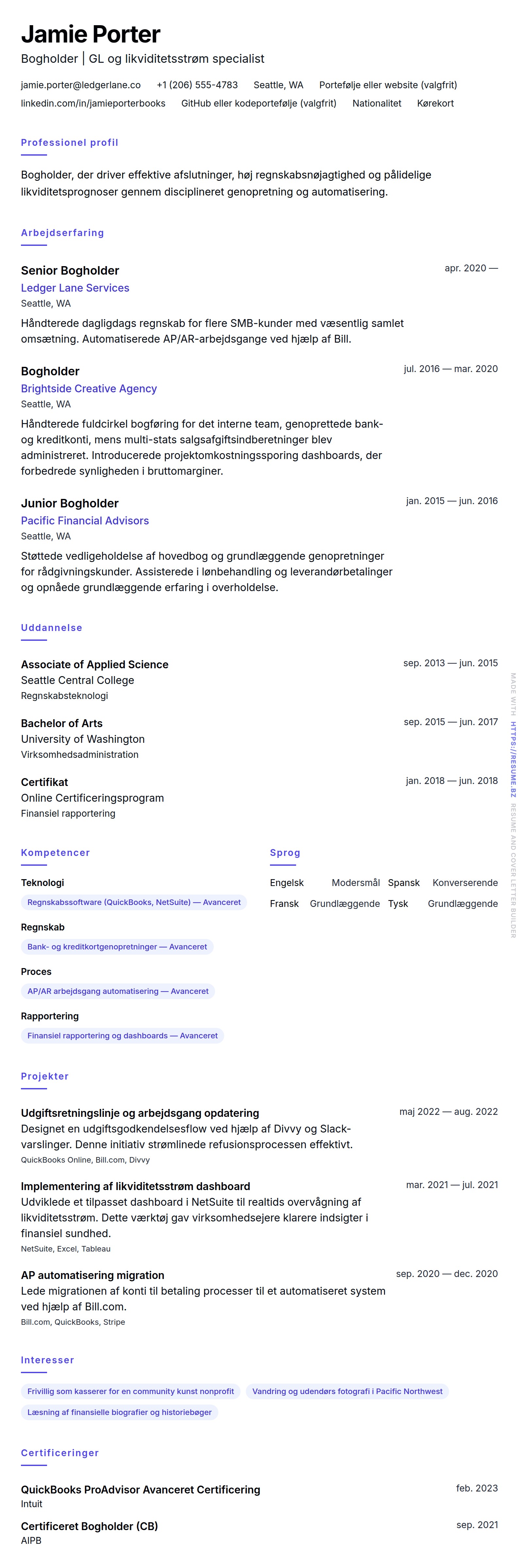 CV-forhåndsvisning for Bogholder CV-eksempel