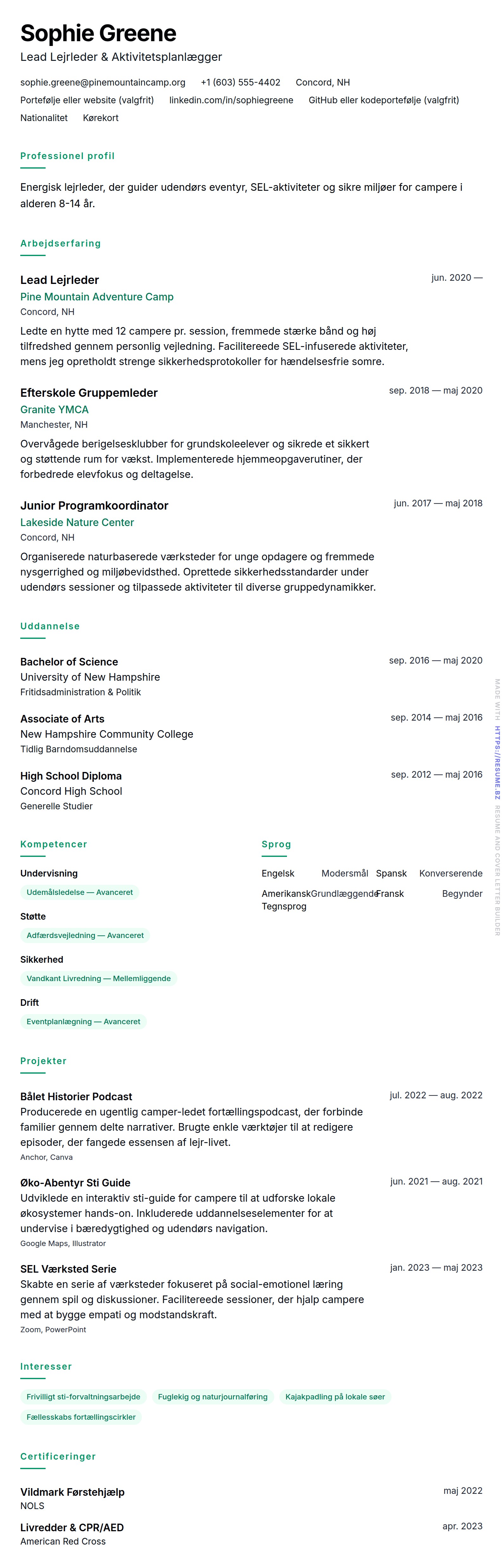 CV-forhåndsvisning for Lejrleder CV Eksempel