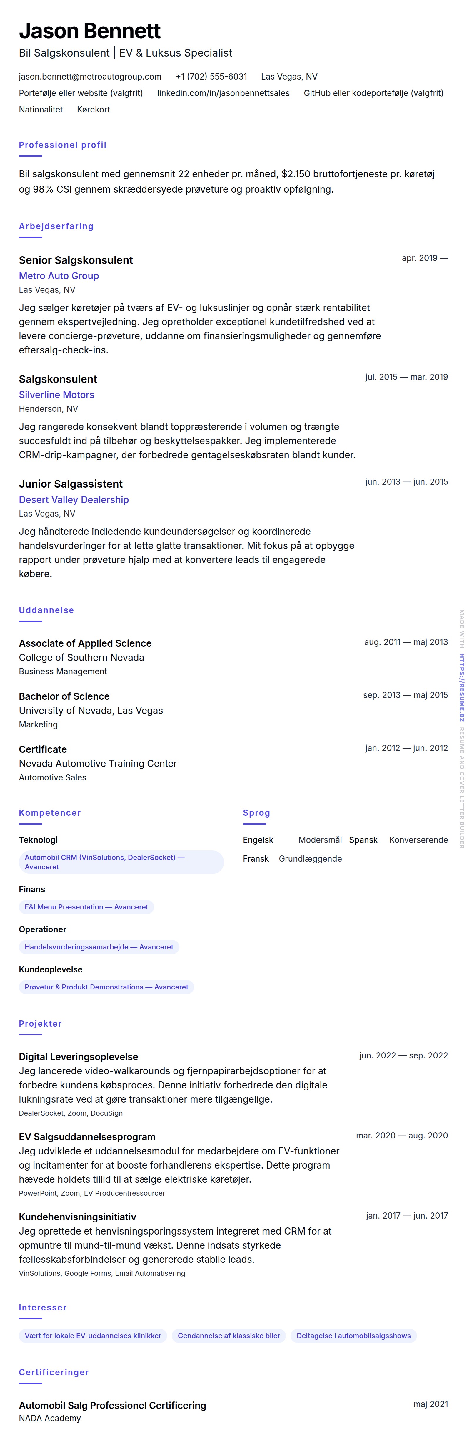 Bil Salgskonsulent CV Eksempel