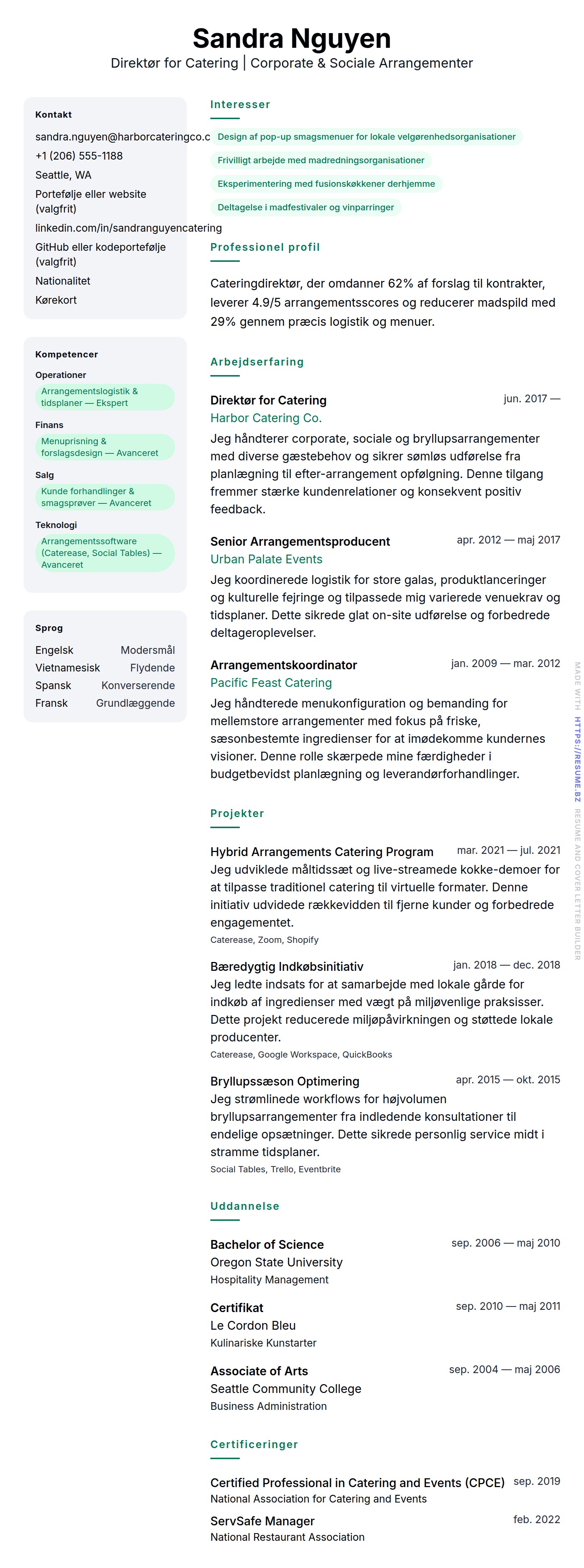 CV-forhåndsvisning for Caterer CV Eksempel