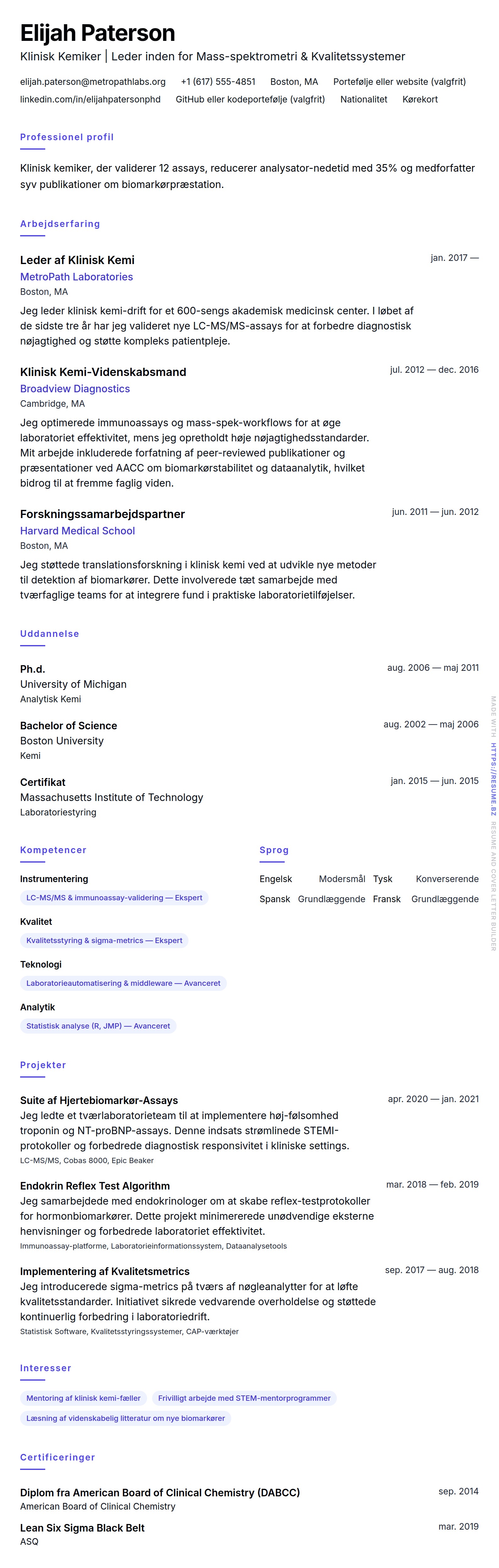 Eksempel på CV for Klinisk Kemiker