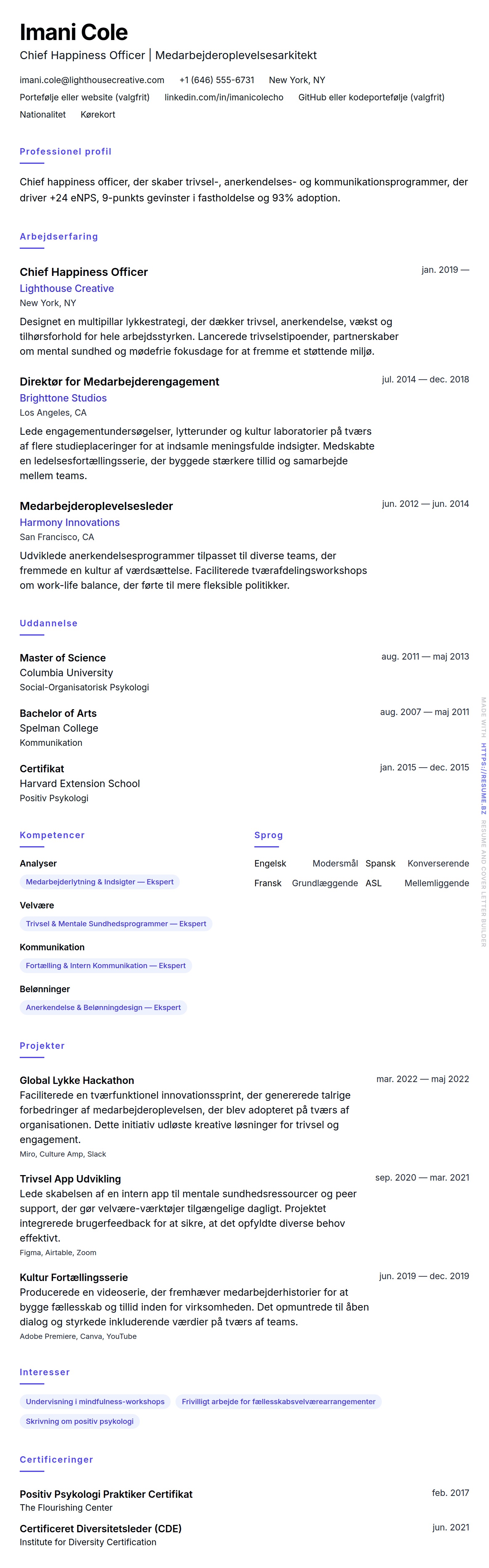 CV-forhåndsvisning for Chief Happiness Officer (CHO) CV-eksempel