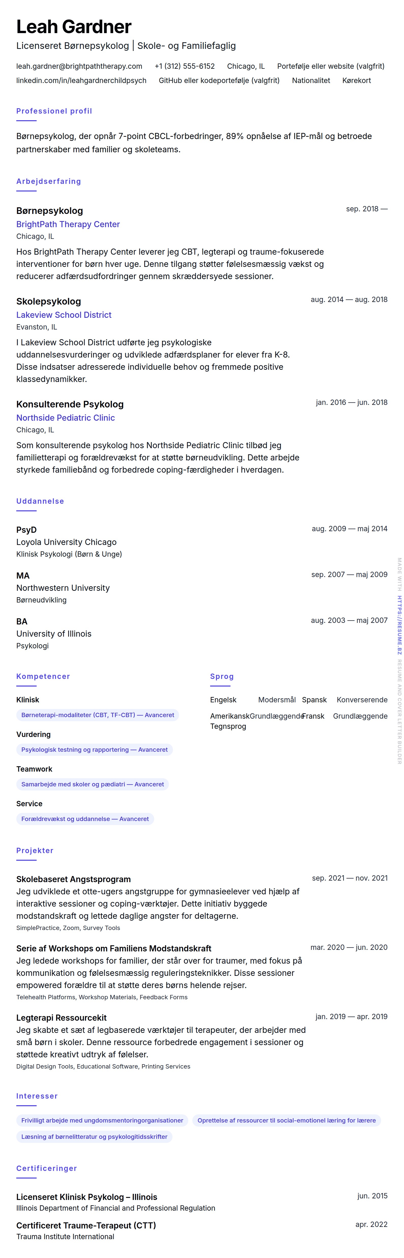 CV-forhåndsvisning for Eksempel på CV for Børnepsykolog