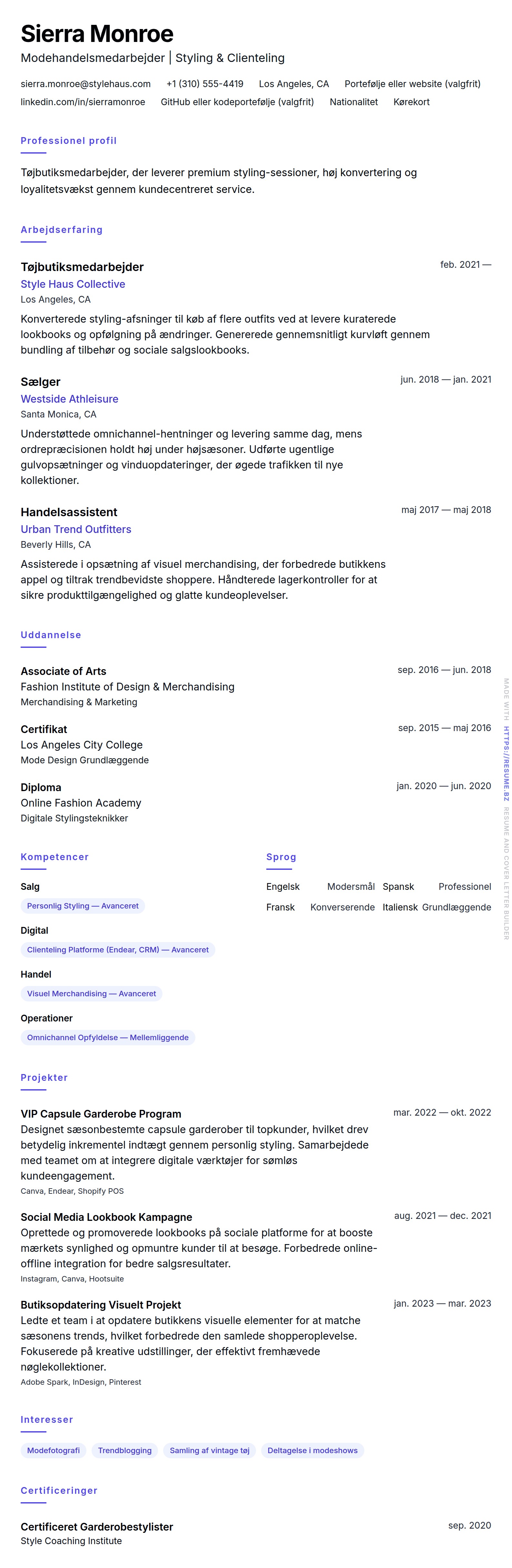 CV-forhåndsvisning for Tøjbutiksmedarbejder CV Eksempel