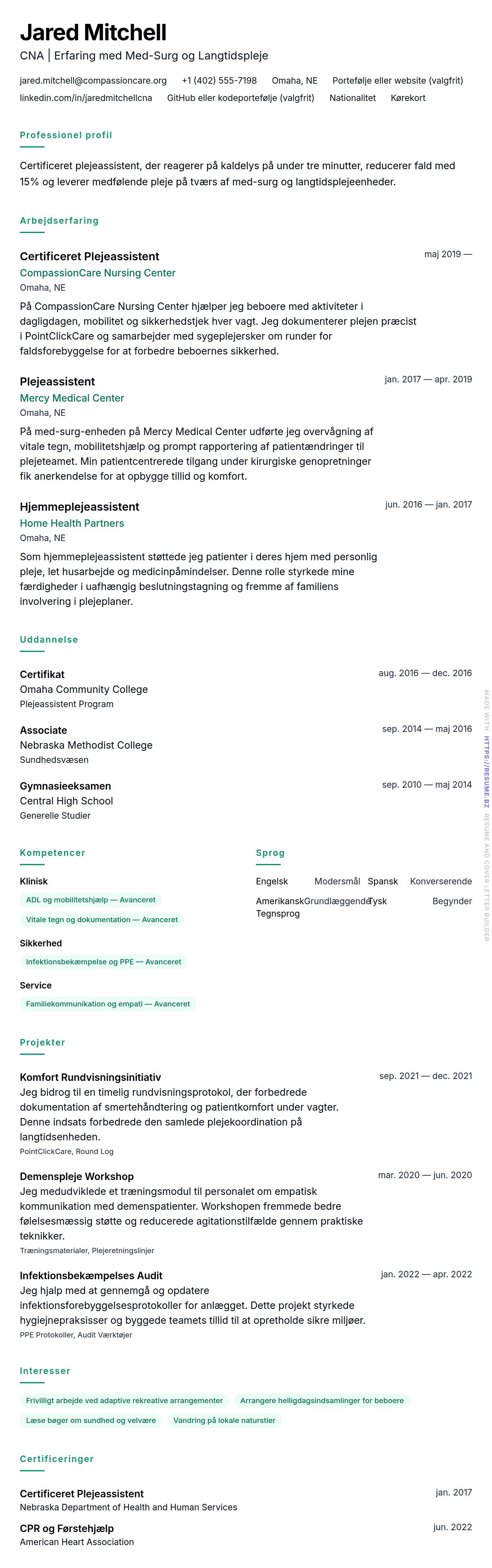 CV-forhåndsvisning for Certificeret Plejeassistent (CNA) CV Eksempel