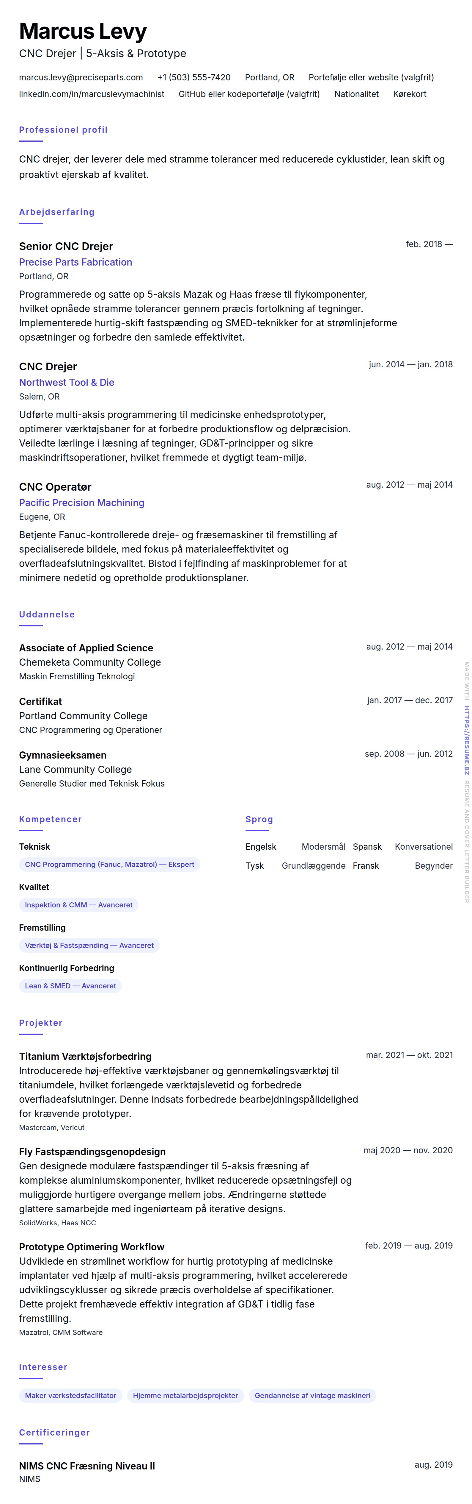 CV-forhåndsvisning for CNC Drejer CV Eksempel