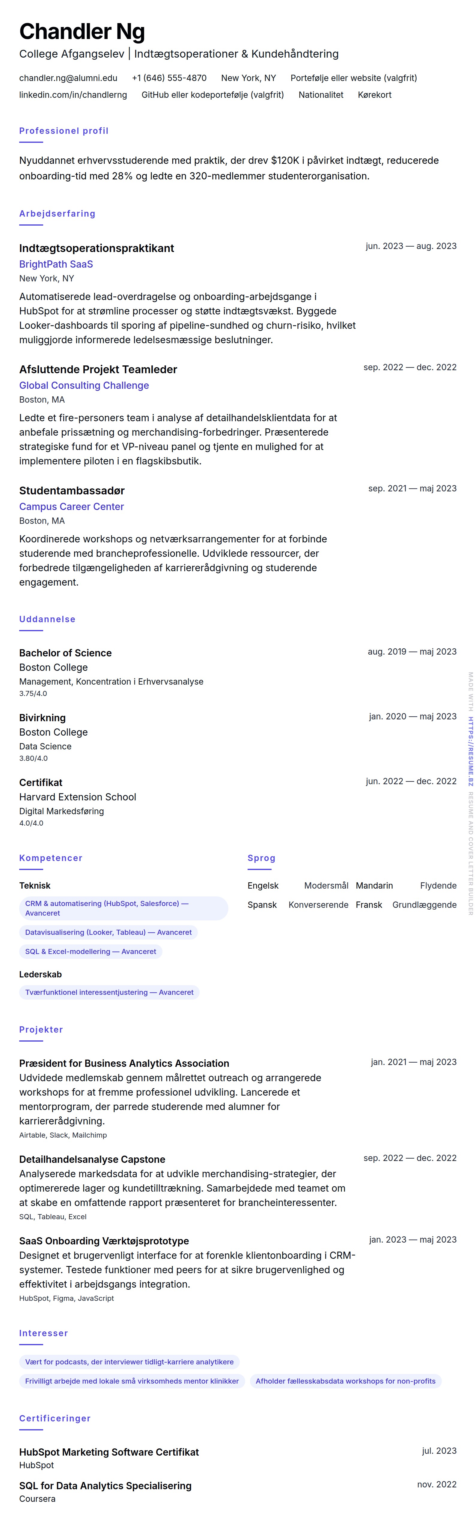 CV-forhåndsvisning for College Afgangselev CV Eksempel