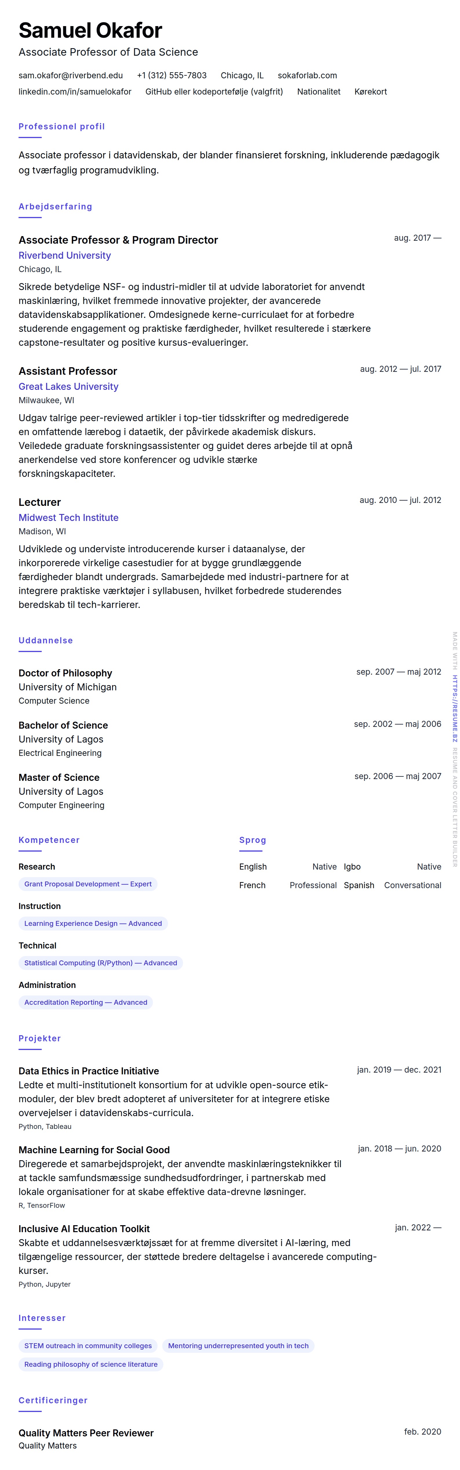 College Professor CV Eksempel