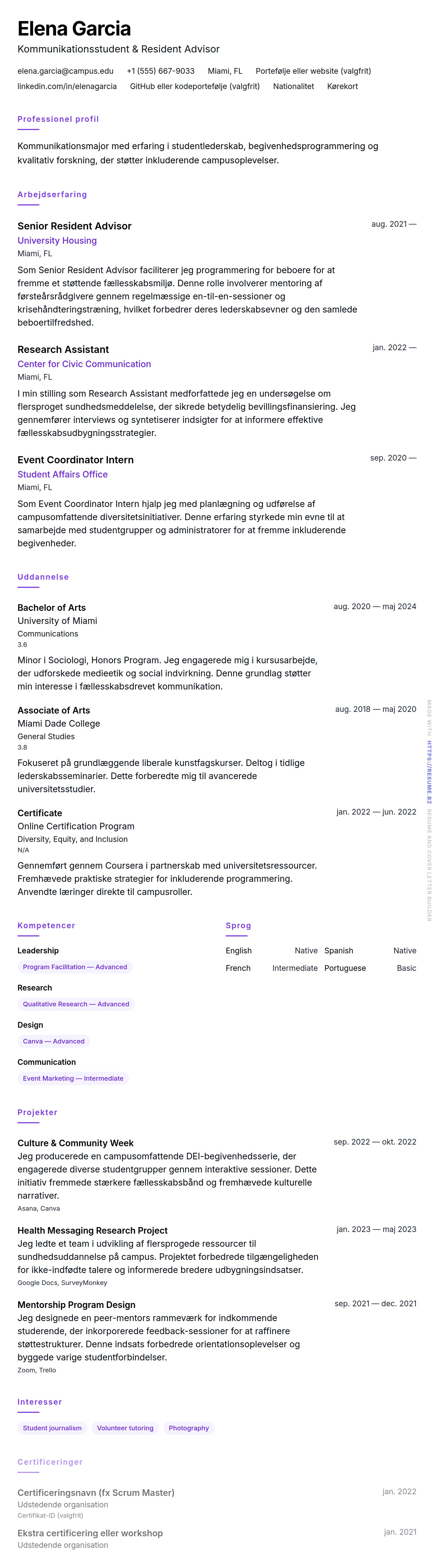 CV-forhåndsvisning for College Student CV Eksempel