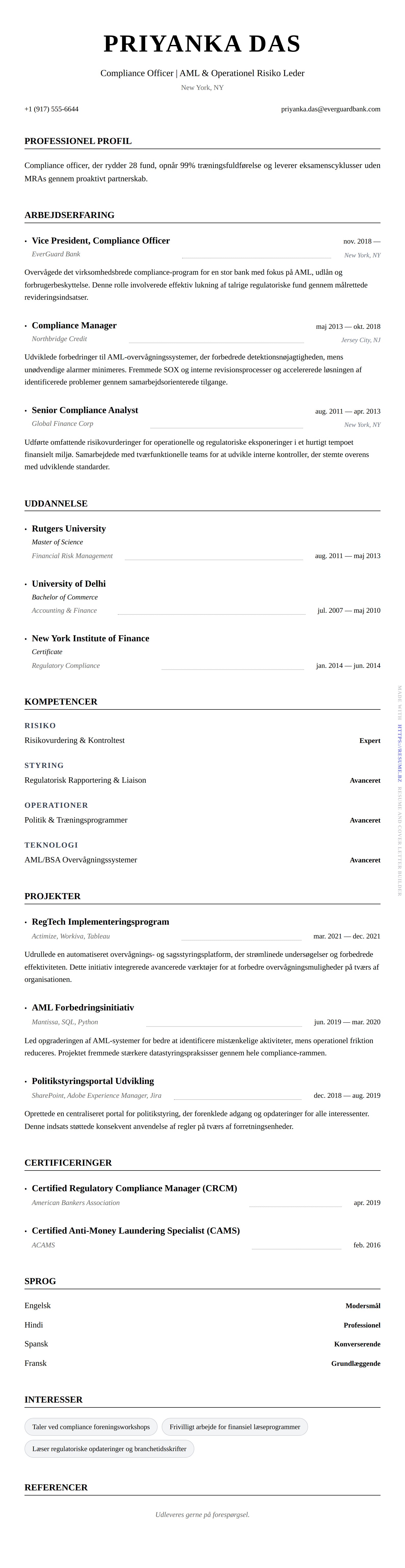 CV-forhåndsvisning for Compliance Officer CV Eksempel