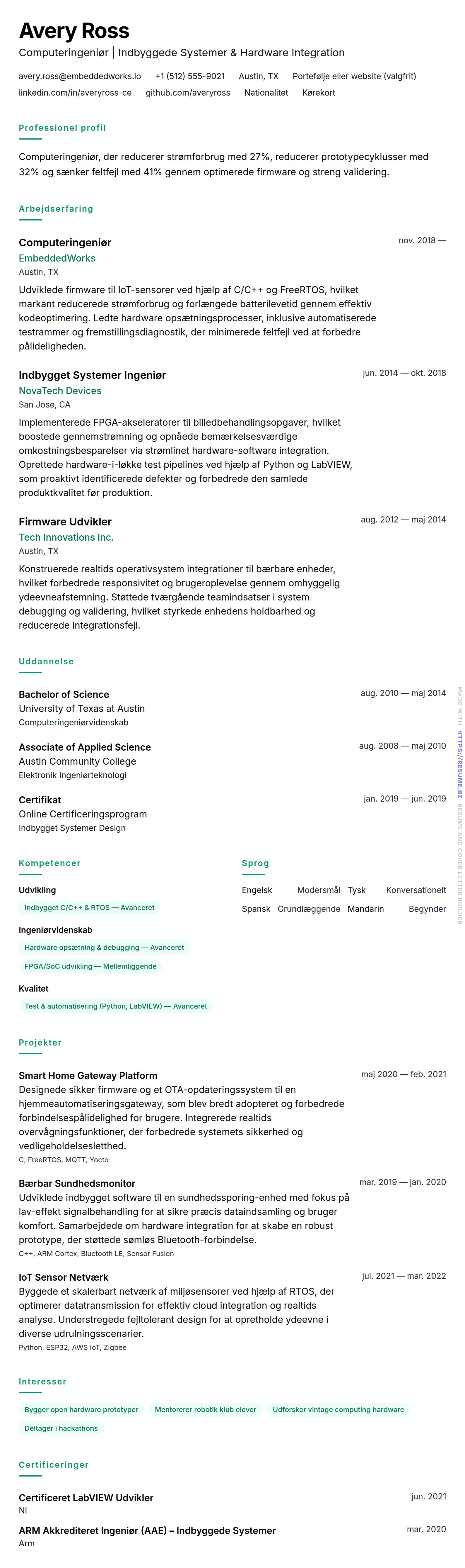 CV-forhåndsvisning for Computeringeniør CV Eksempel
