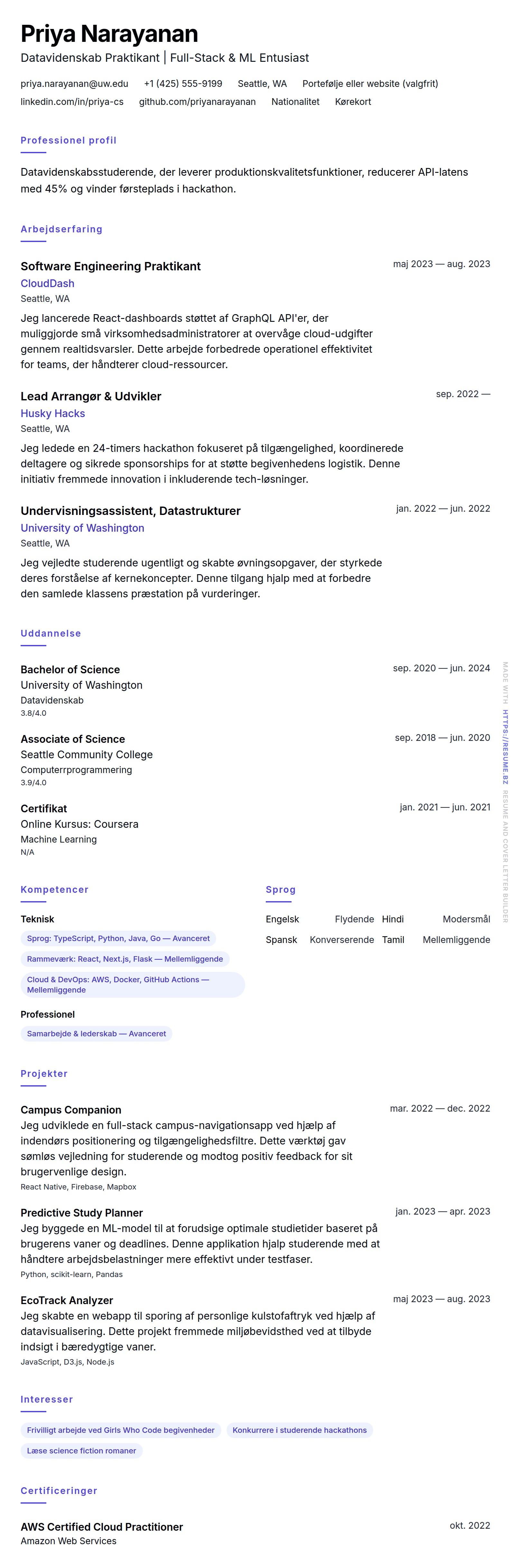 CV-forhåndsvisning for Datavidenskab Praktik CV Eksempel
