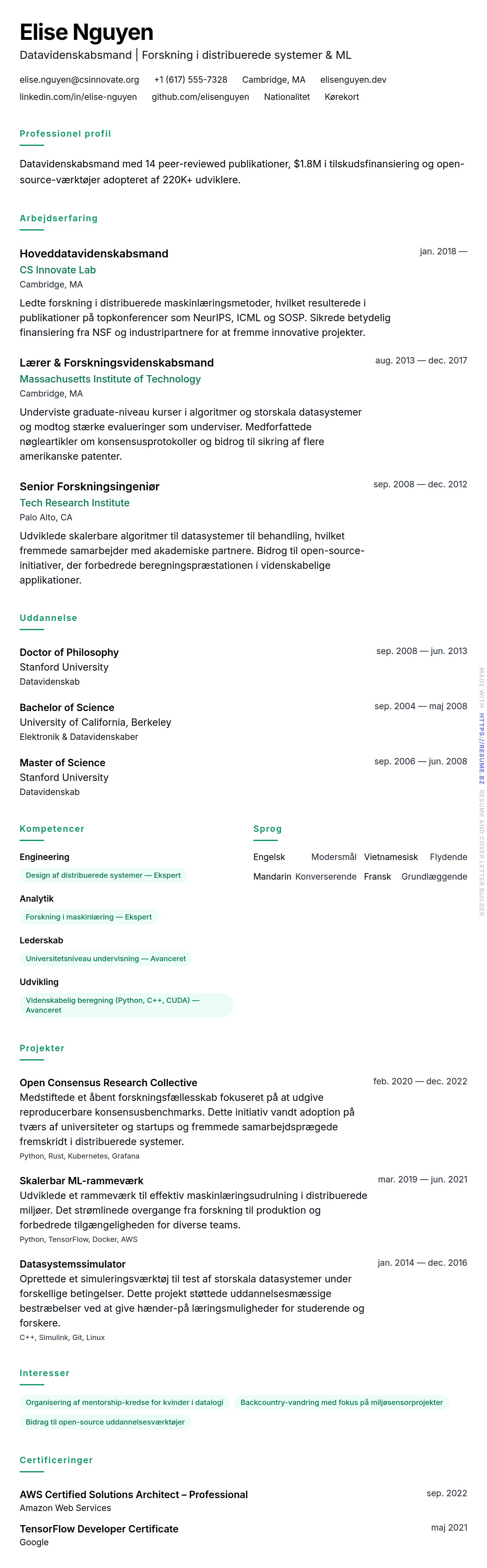 CV-forhåndsvisning for Datavidenskabsprofessionel CV-eksempel