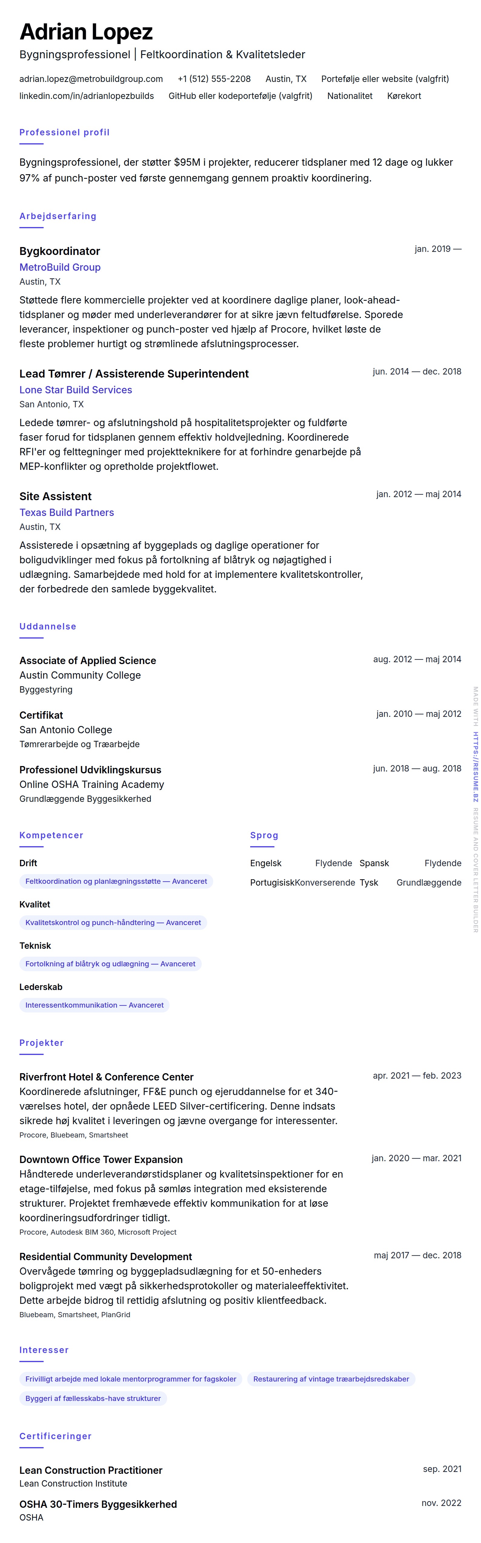 CV-forhåndsvisning for Bygningsprofessionel CV-eksempel