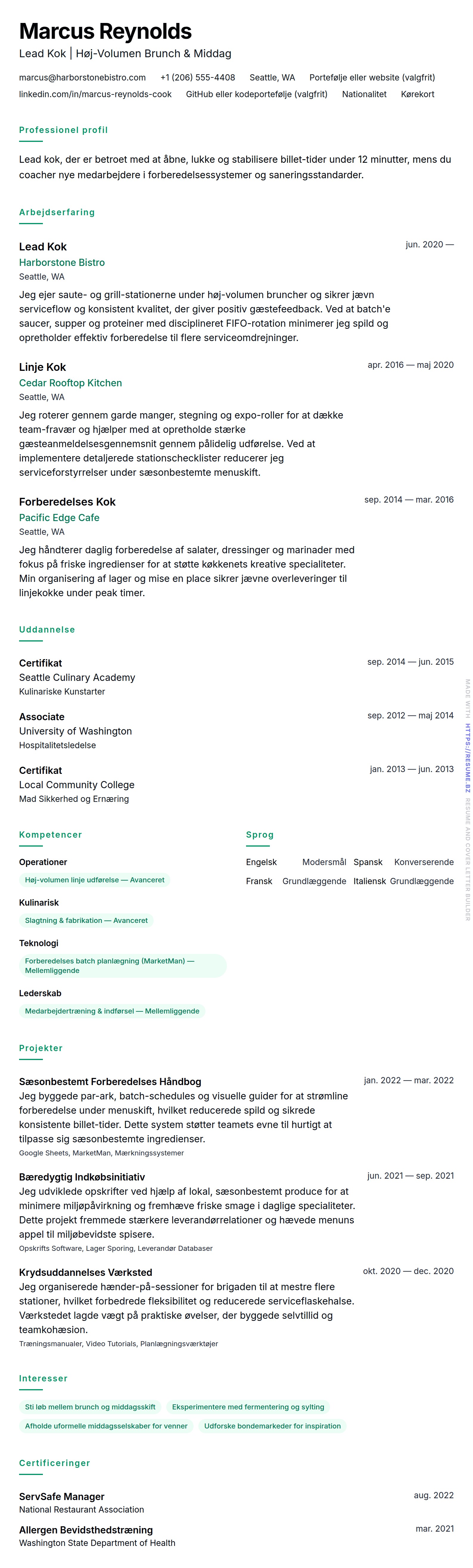CV-forhåndsvisning for Kok CV Eksempel