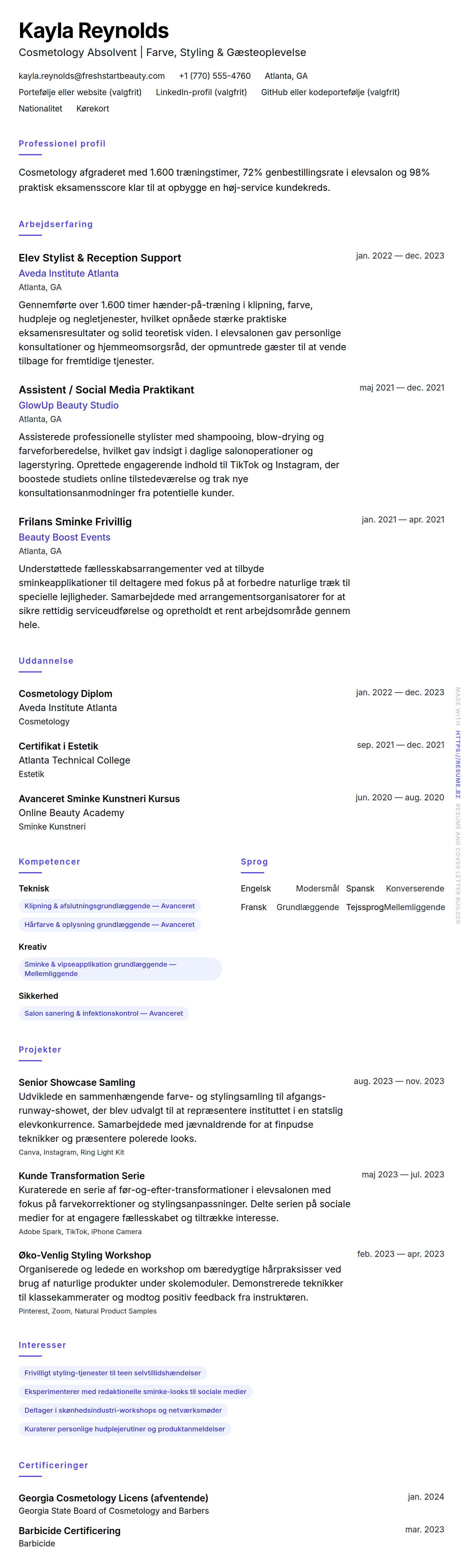CV-forhåndsvisning for Cosmetology Absolvent CV Eksempel