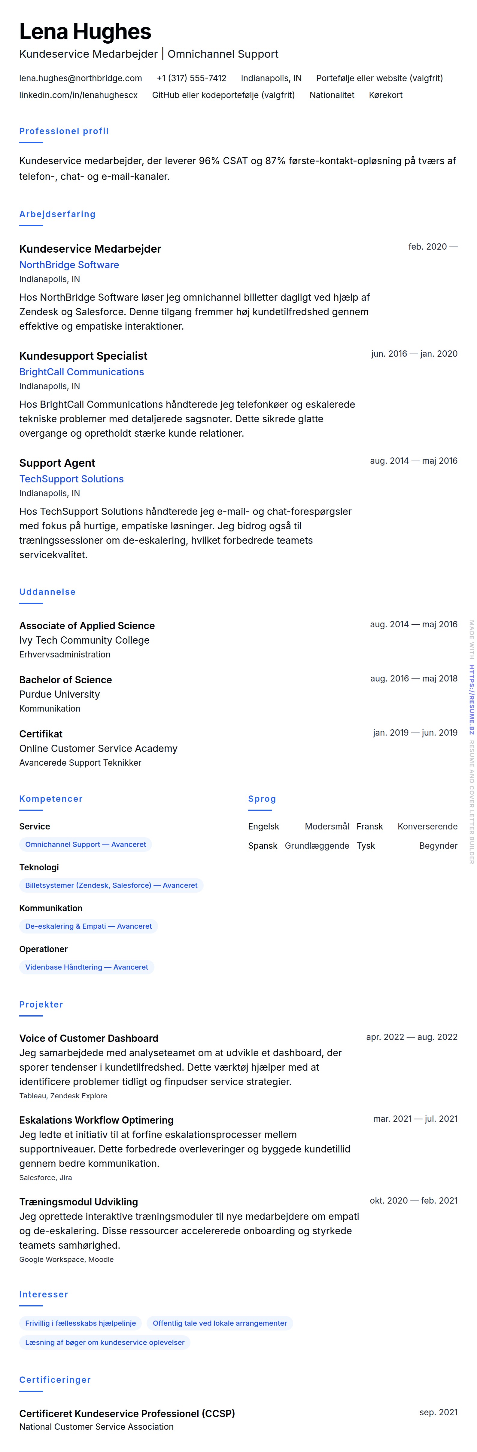 CV-forhåndsvisning for Kundeservice Medarbejder CV Eksempel