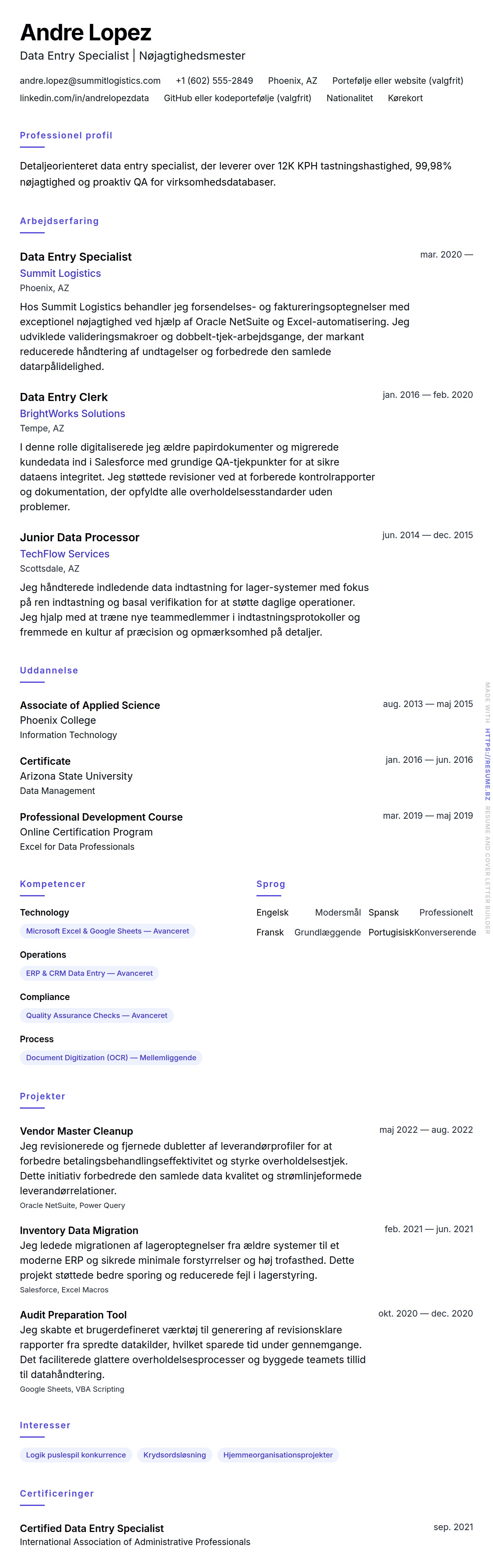 Data Entry Specialist CV-eksempel