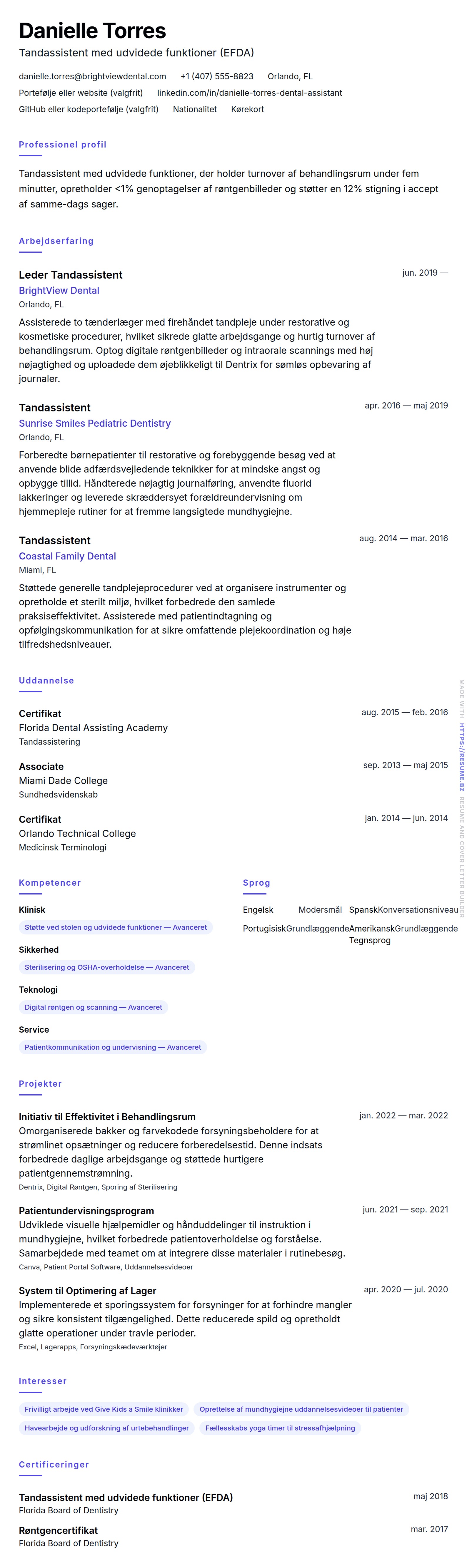 CV-forhåndsvisning for Tandassistent CV Eksempel