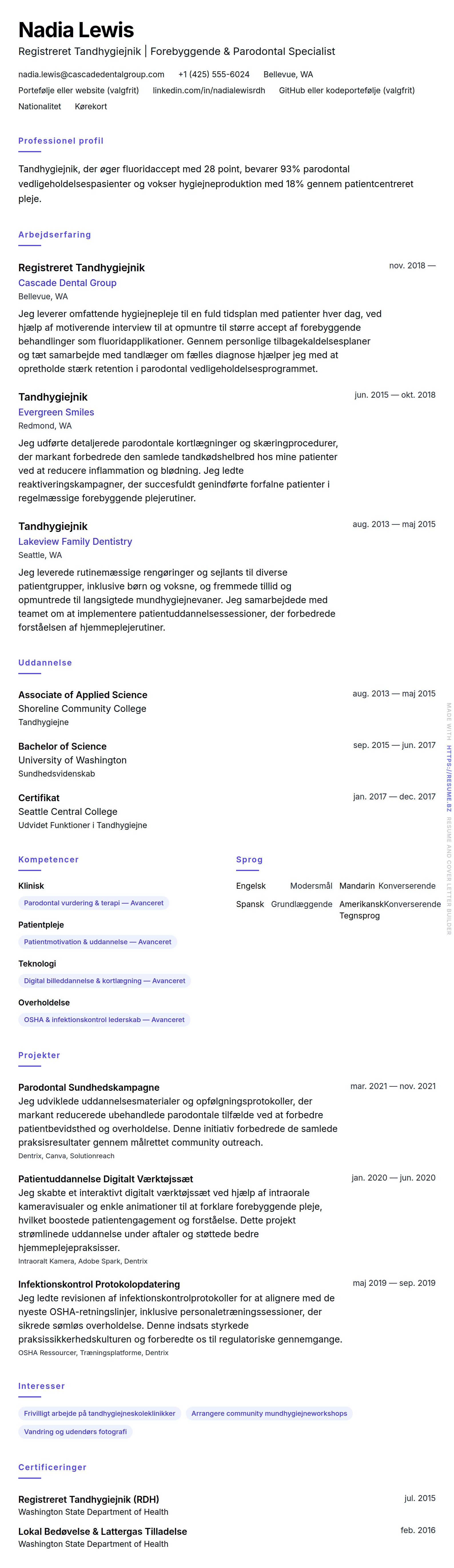 CV-forhåndsvisning for Tandhygiejnik CV Eksempel