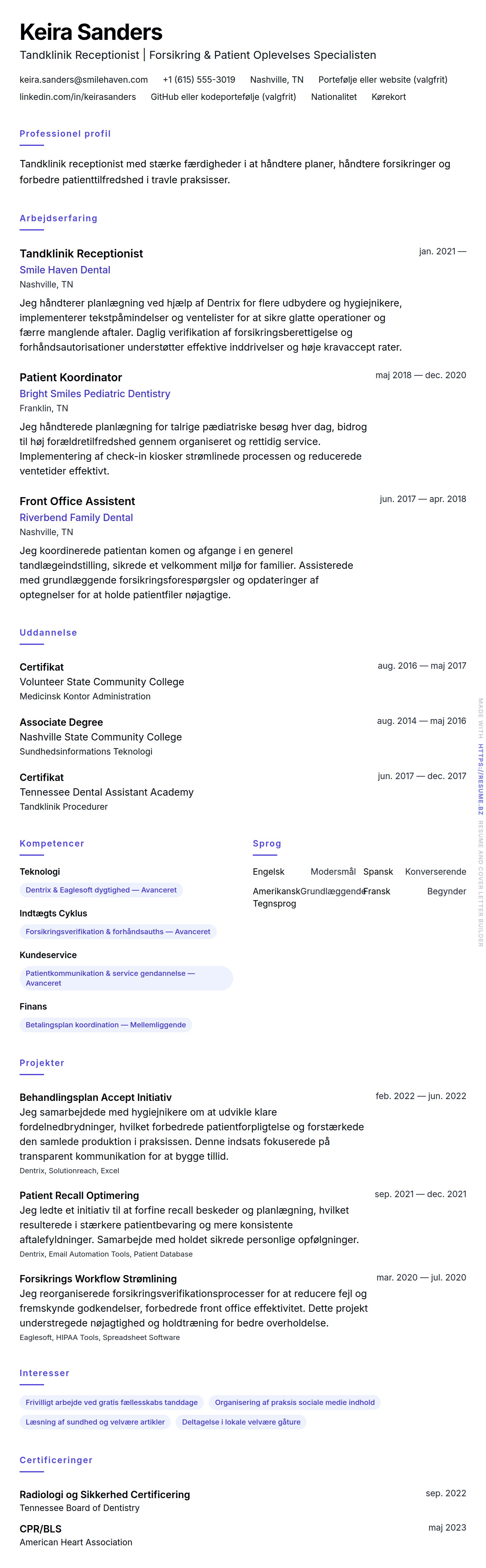CV-forhåndsvisning for Tandklinik Receptionist CV Eksempel